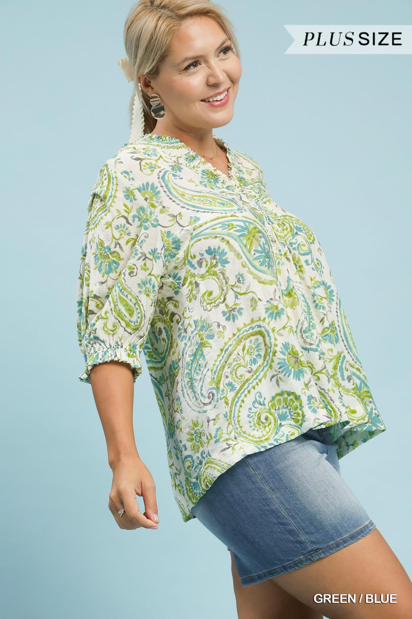 Umgee Smocked V-Neck Paisley Top