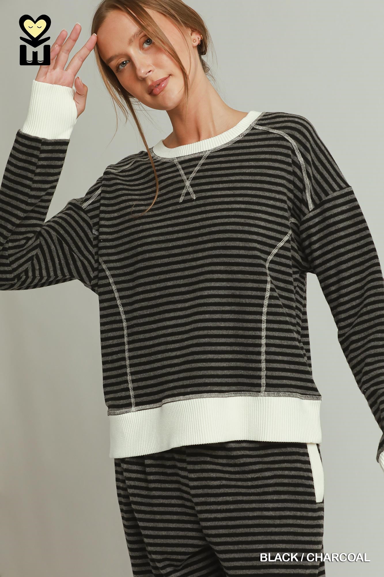 MOHMe by Umgee Tencel Fleece Stripe Crewneck & Jogger Pant Set