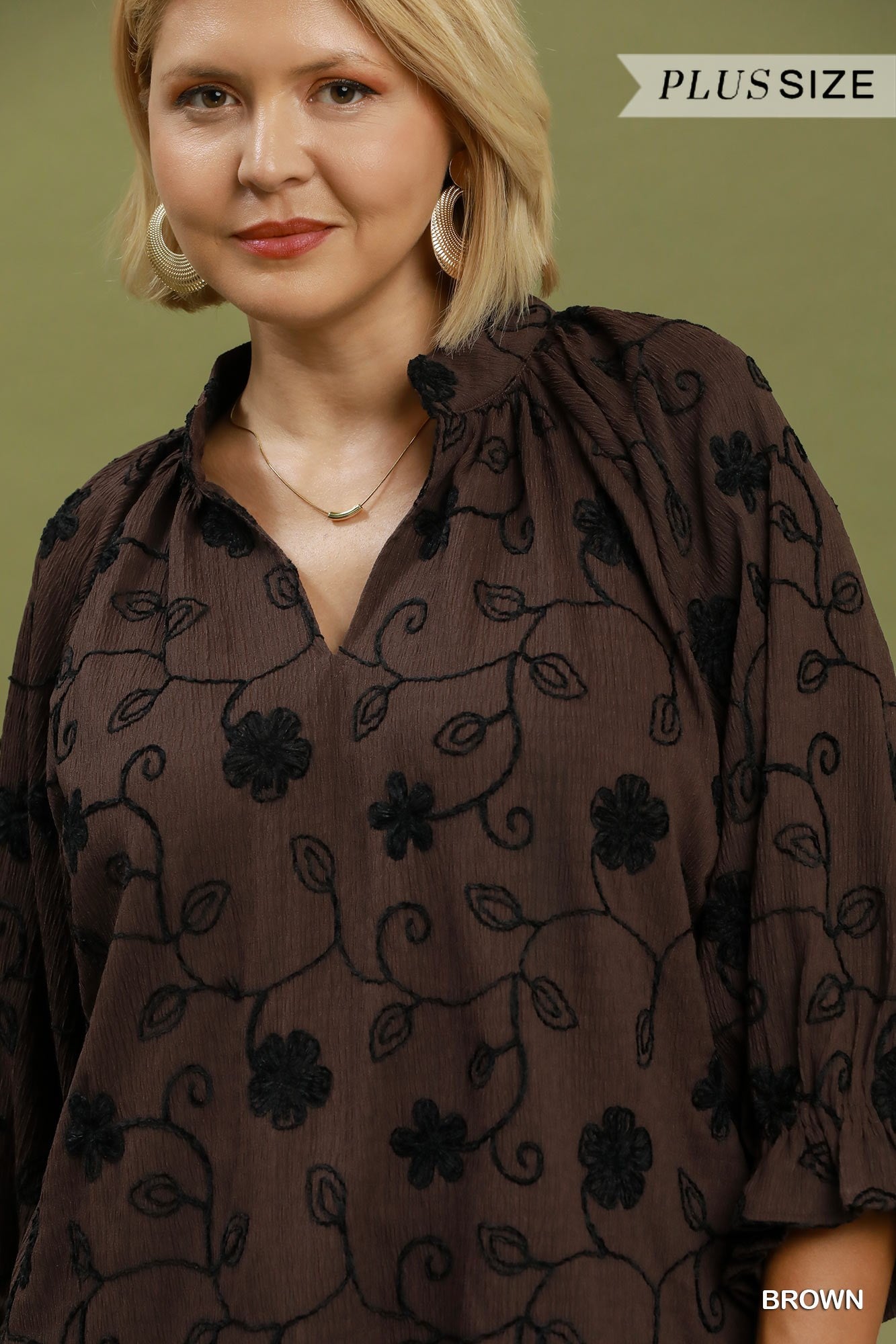 Umgee Textured Embroidered V Neck Top