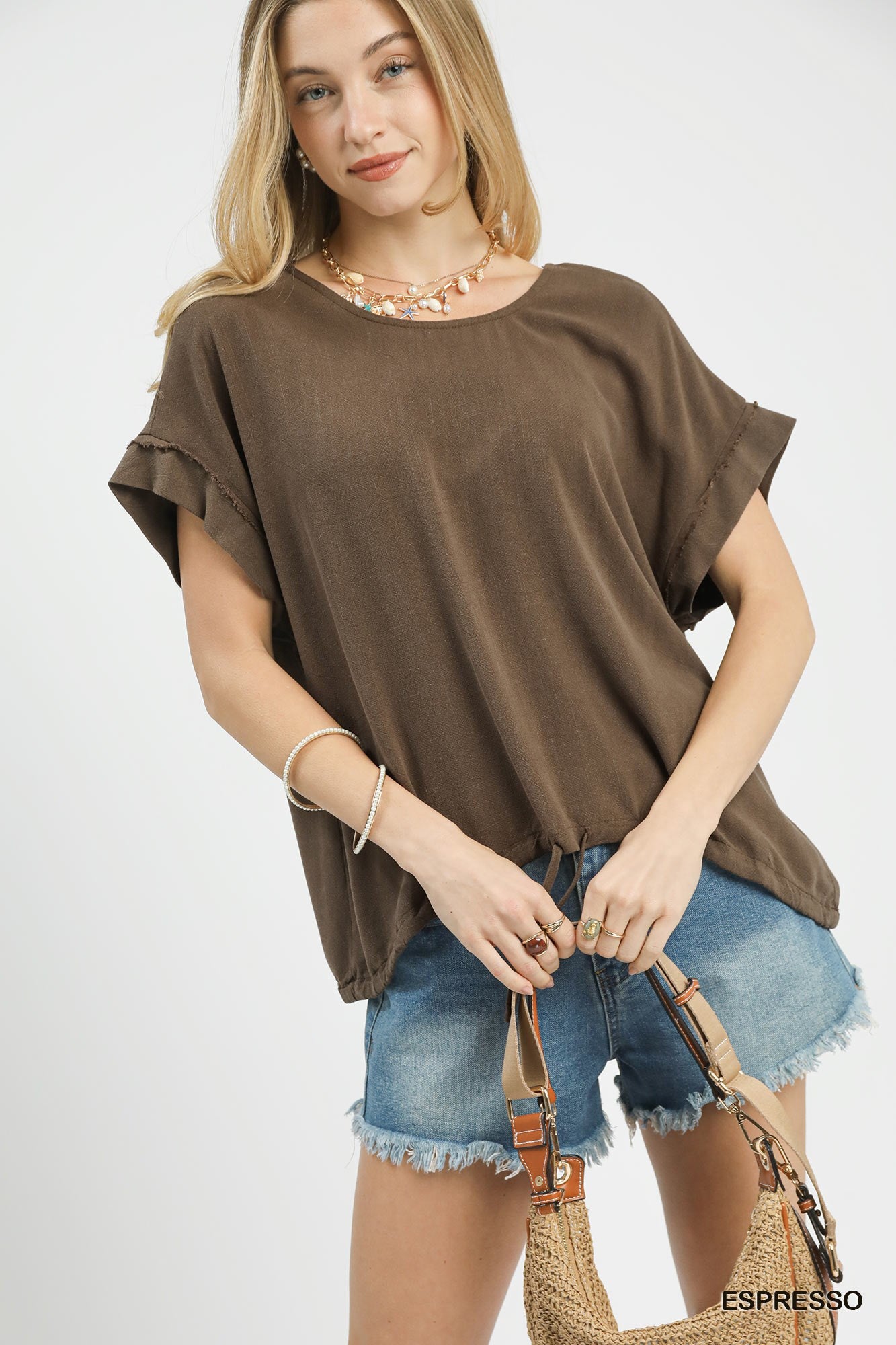 Umgee Drawstring Linen Blend Top