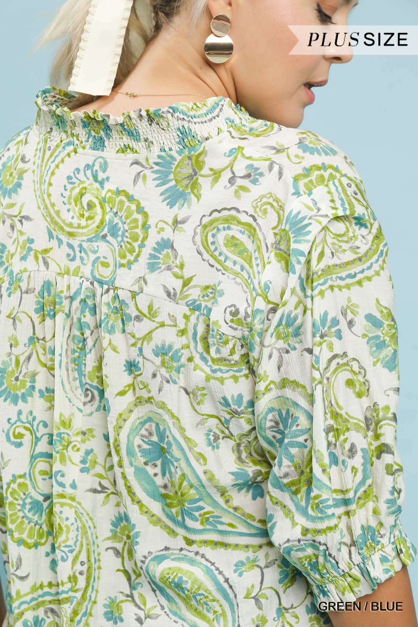 Umgee Smocked V-Neck Paisley Top