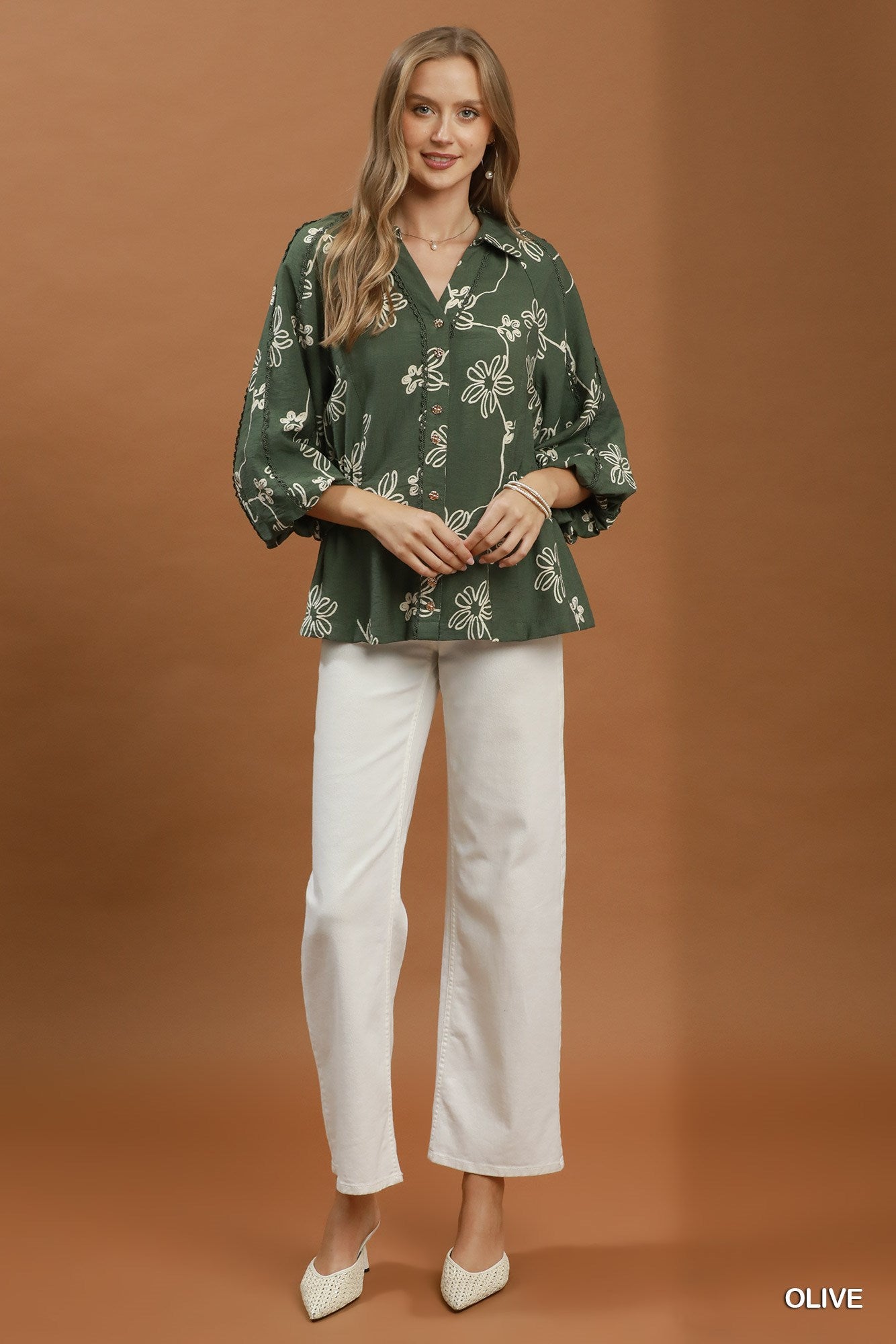 Umgee Floral Print Button Front Collared Blouse