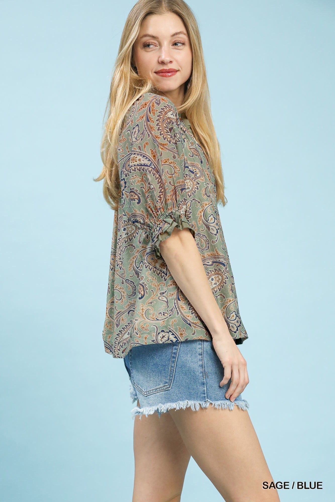 Umgee Paisley Split-Neck Blouse with Ruffle Sleeves