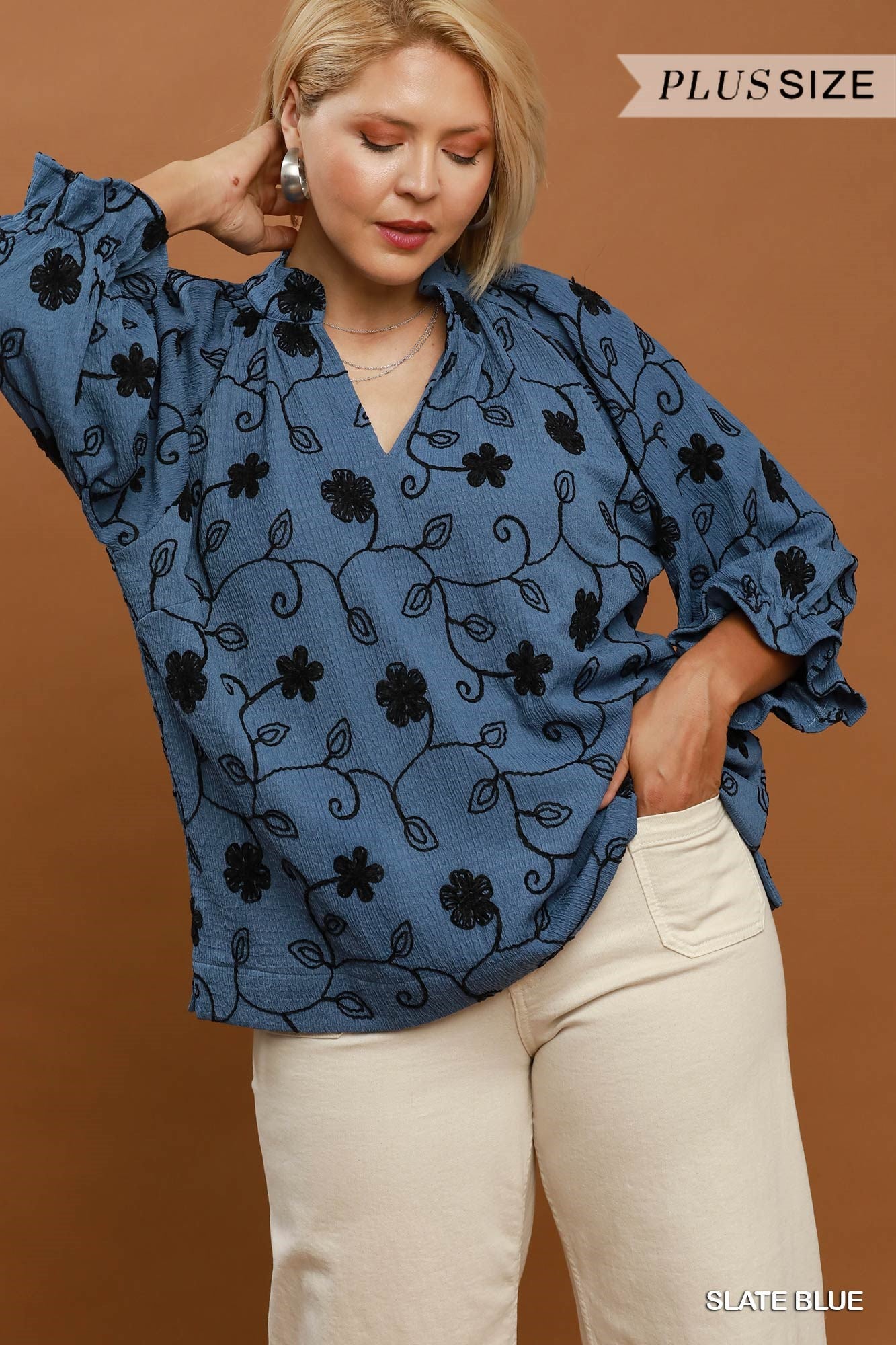 Umgee Textured Embroidered V Neck Top