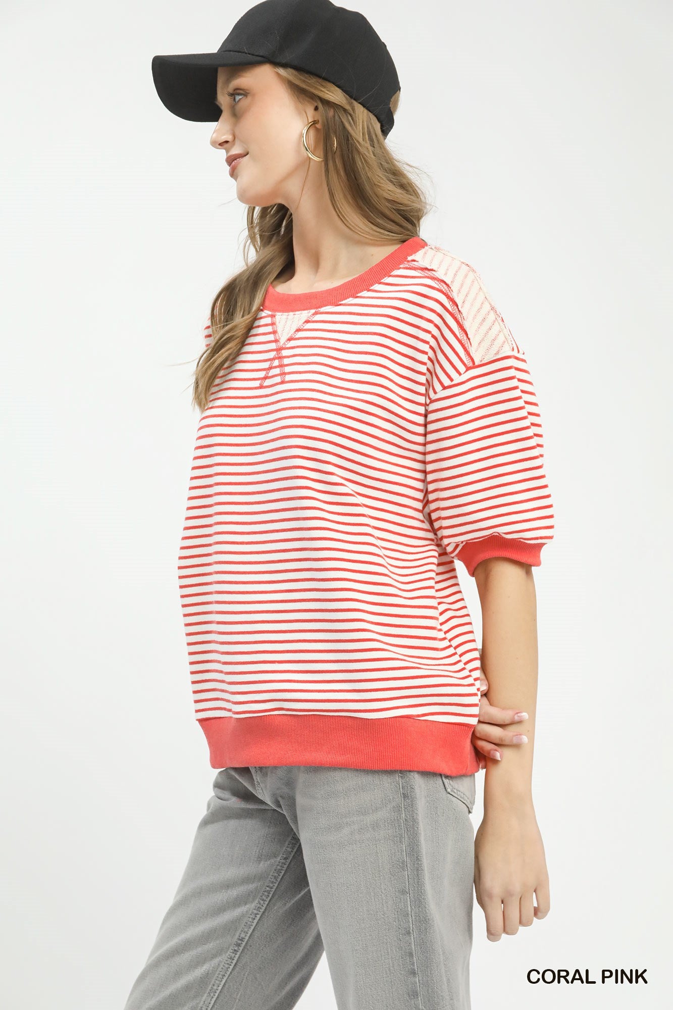 Umgee Striped Knit Short Sleeve Casual Top