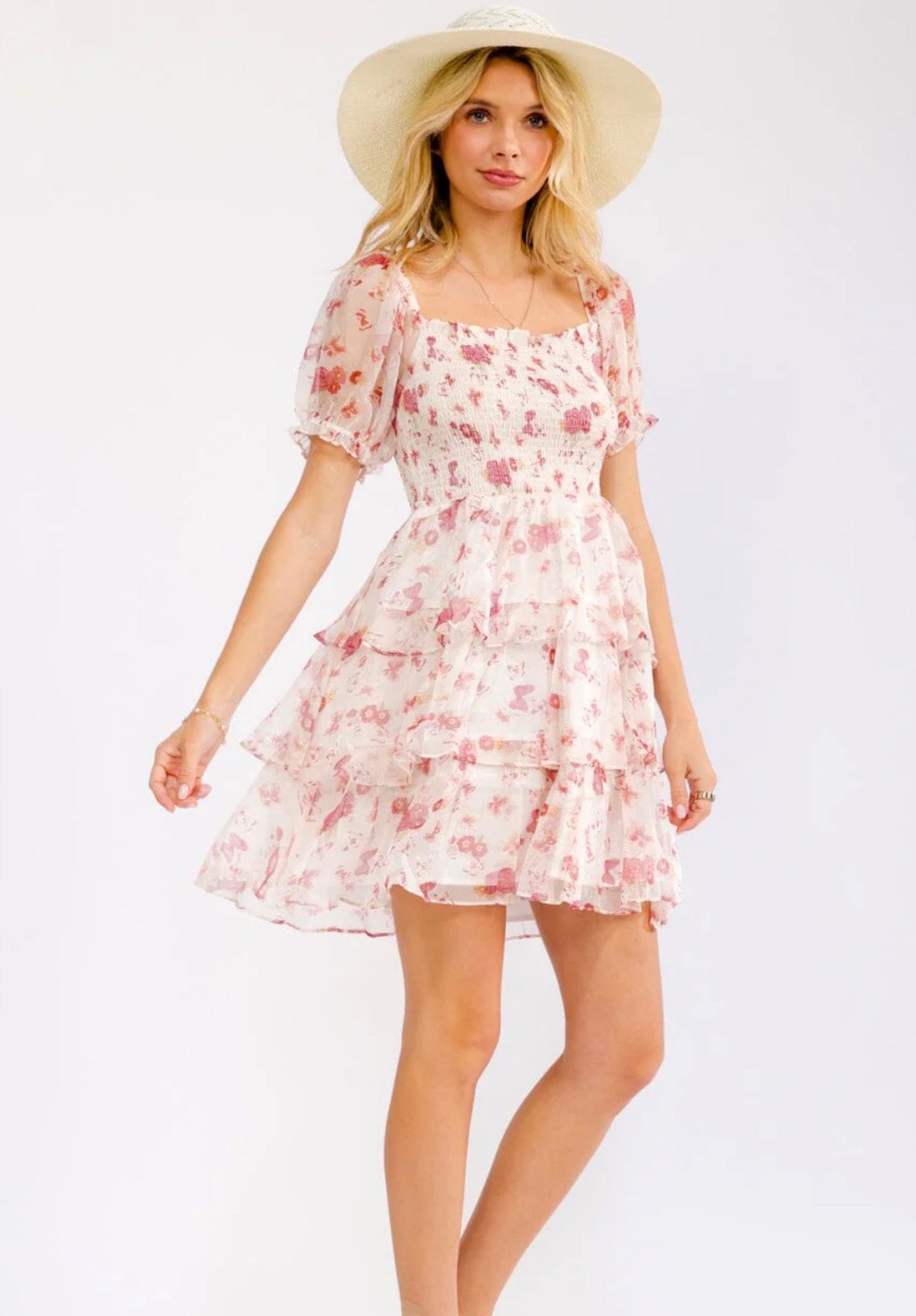 WOMEN’S SHORT SLEEVE SQUARE NECK SMOCK FLORAL MINI DRESS