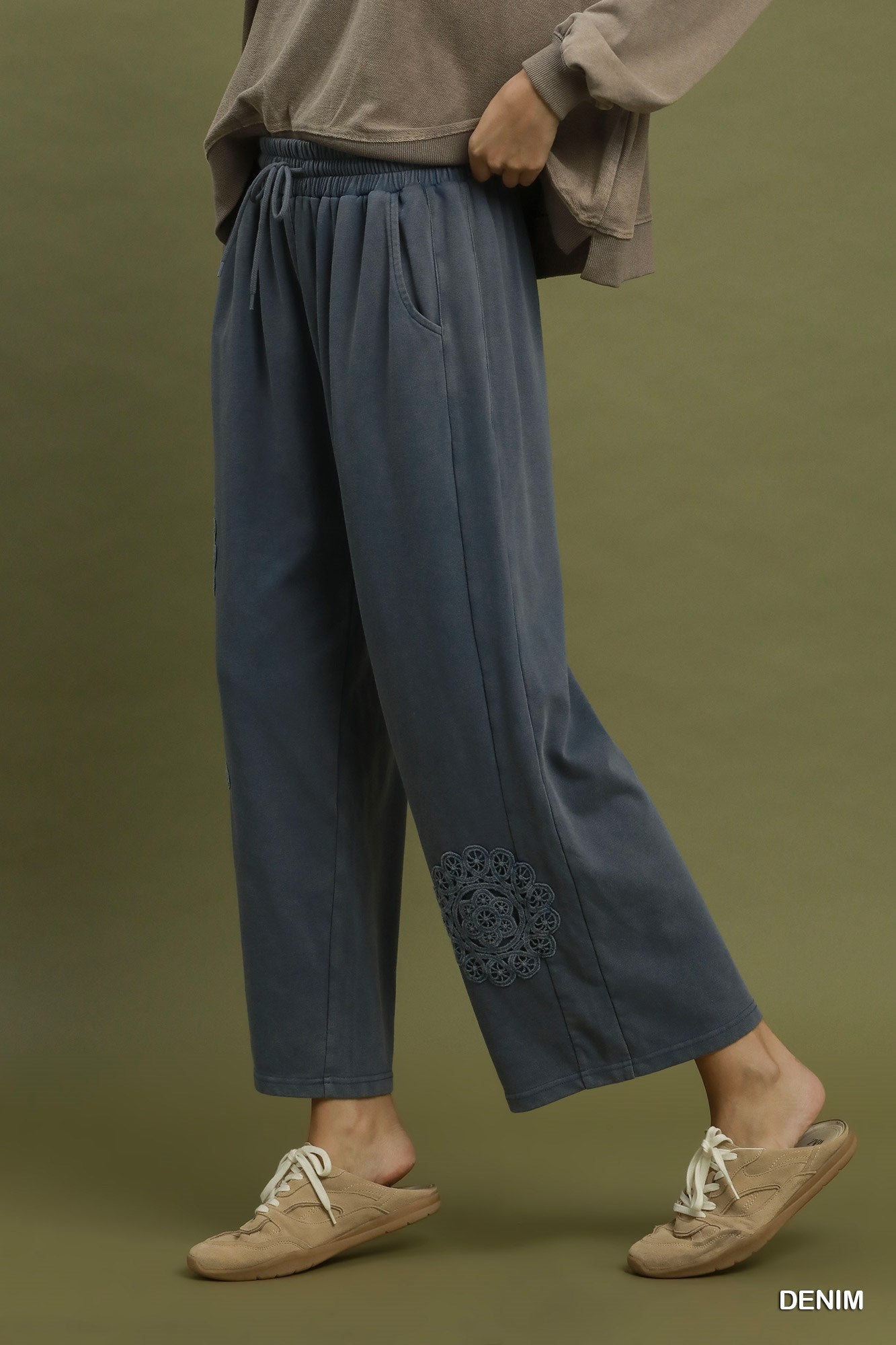 Umgee Mineral Wash Crochet Patch Barrel Pants