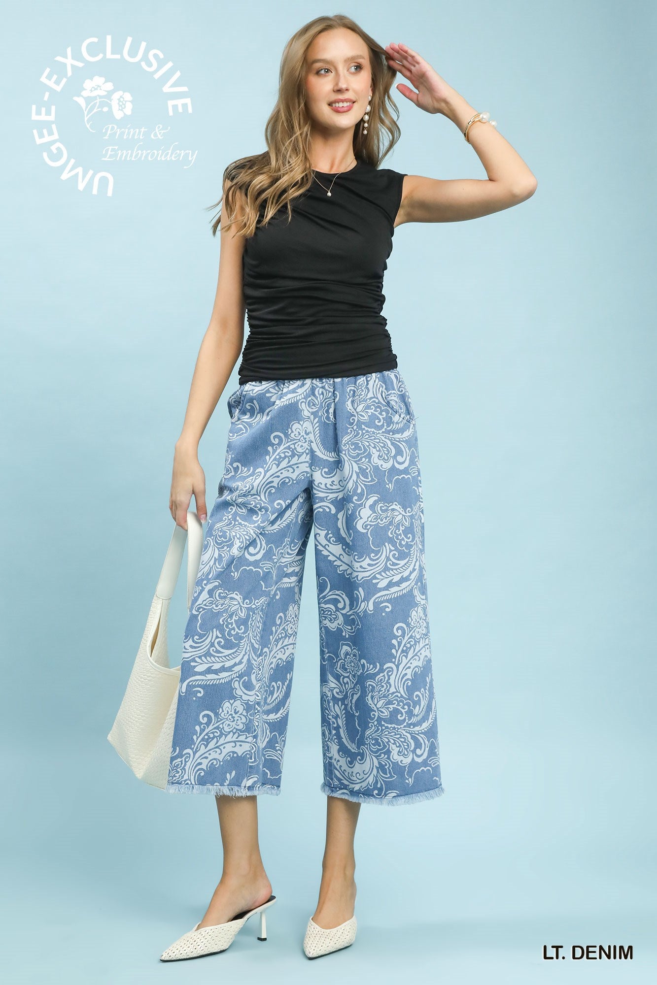 Umgee Exclusive Print Stone Wash Wide Leg Crop Pants