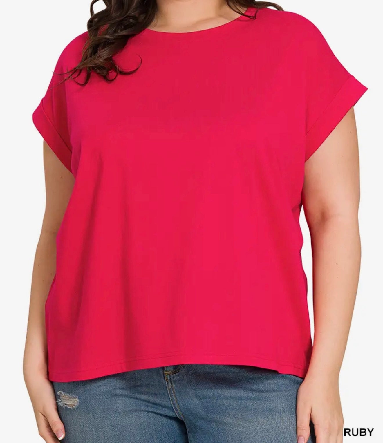 Plus Round Neck Folded Short Sleeve T Shirt