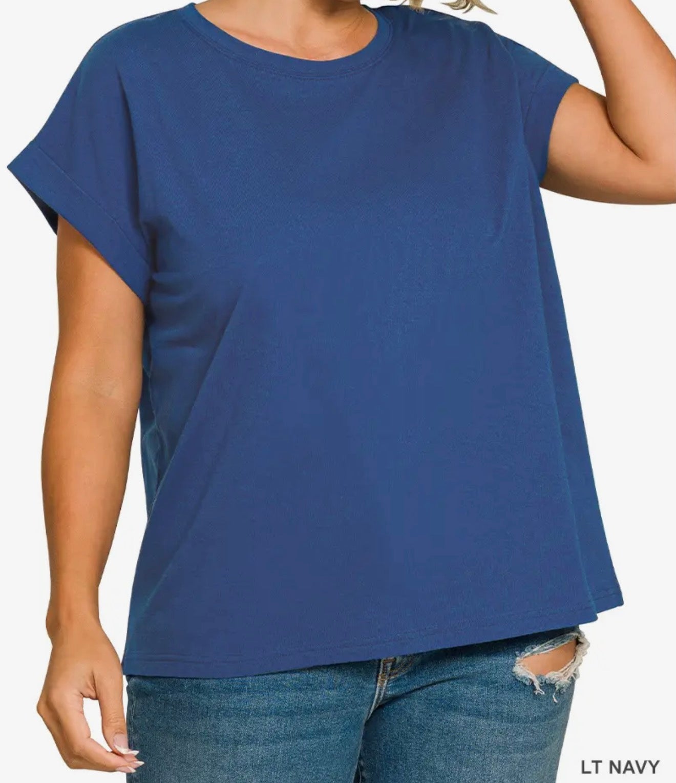 Plus Round Neck Folded Short Sleeve T Shirt