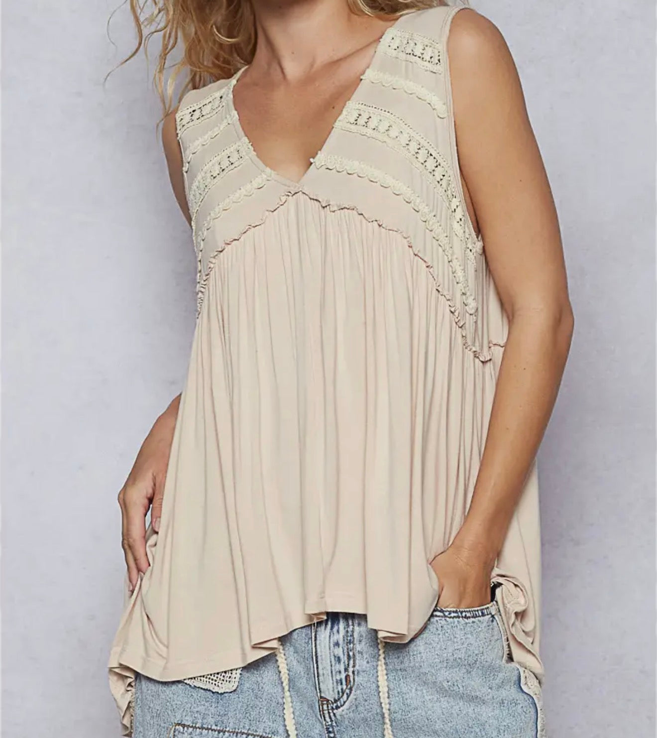 Sleeveless Loose Fit V-Neck Babydoll Casual Knit Top