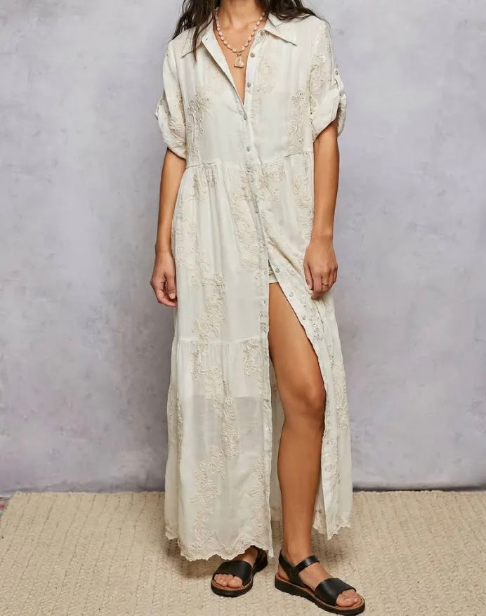 Embroidered Shirred Ruffle Button-Down Shirt Dress