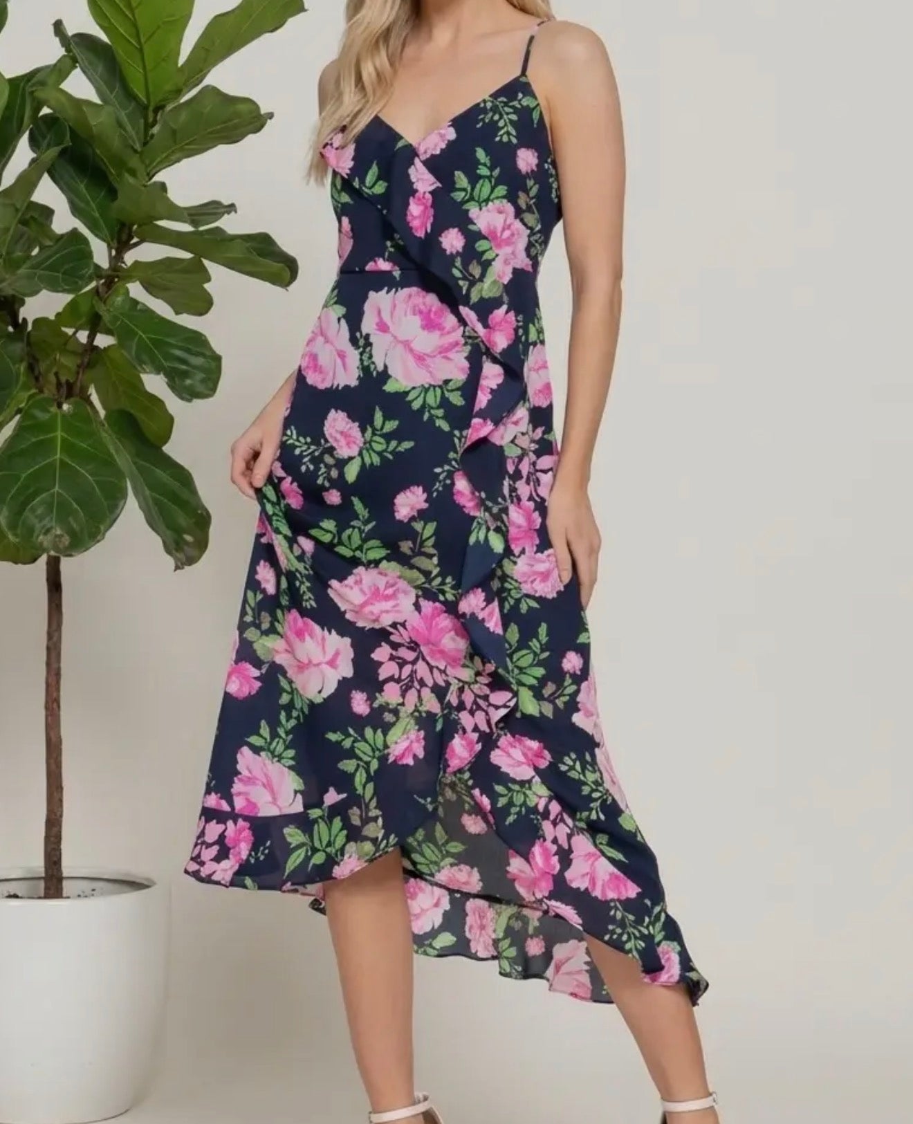 Floral Print Ruffle Slip Midi Dress