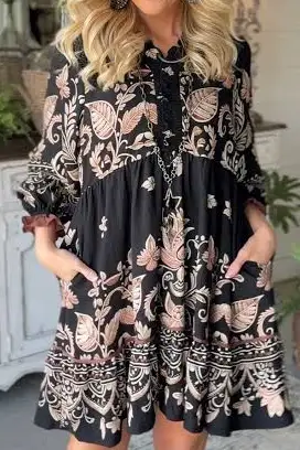 Umgee Boho Border Print Ruffle Mini Dress