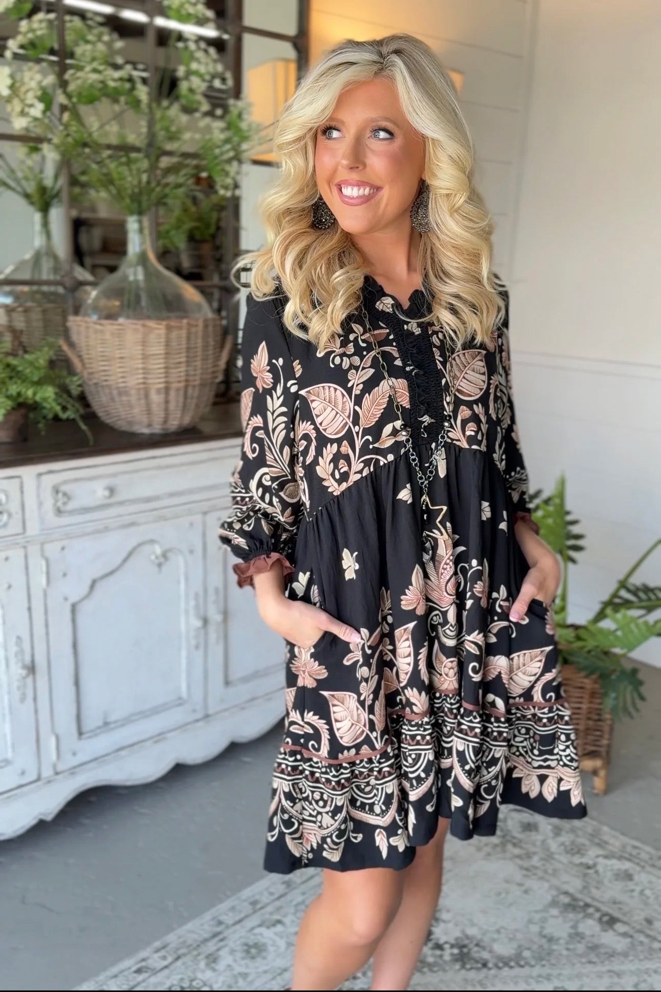 Umgee Boho Border Print Ruffle Mini Dress