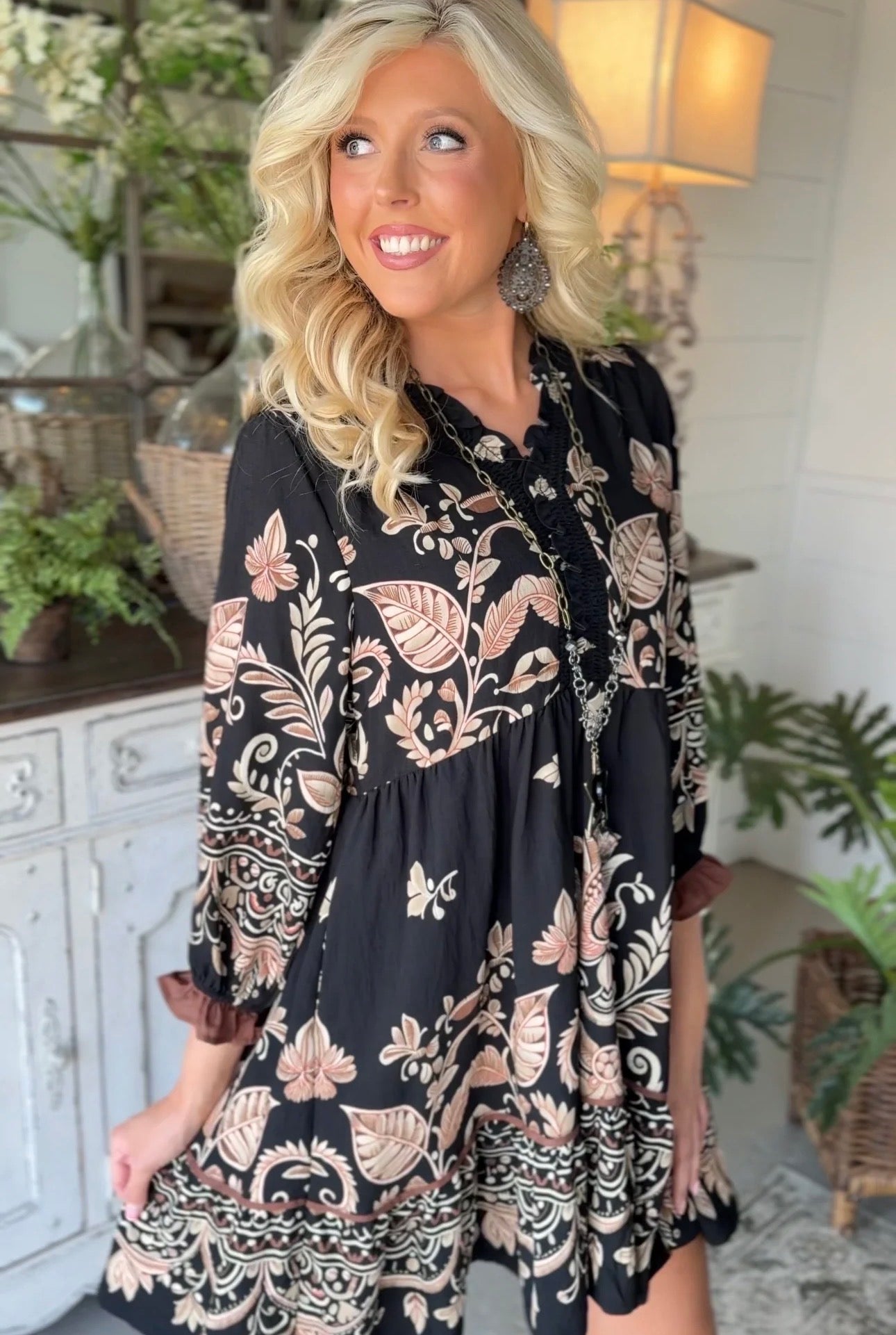 Umgee Boho Border Print Ruffle Mini Dress