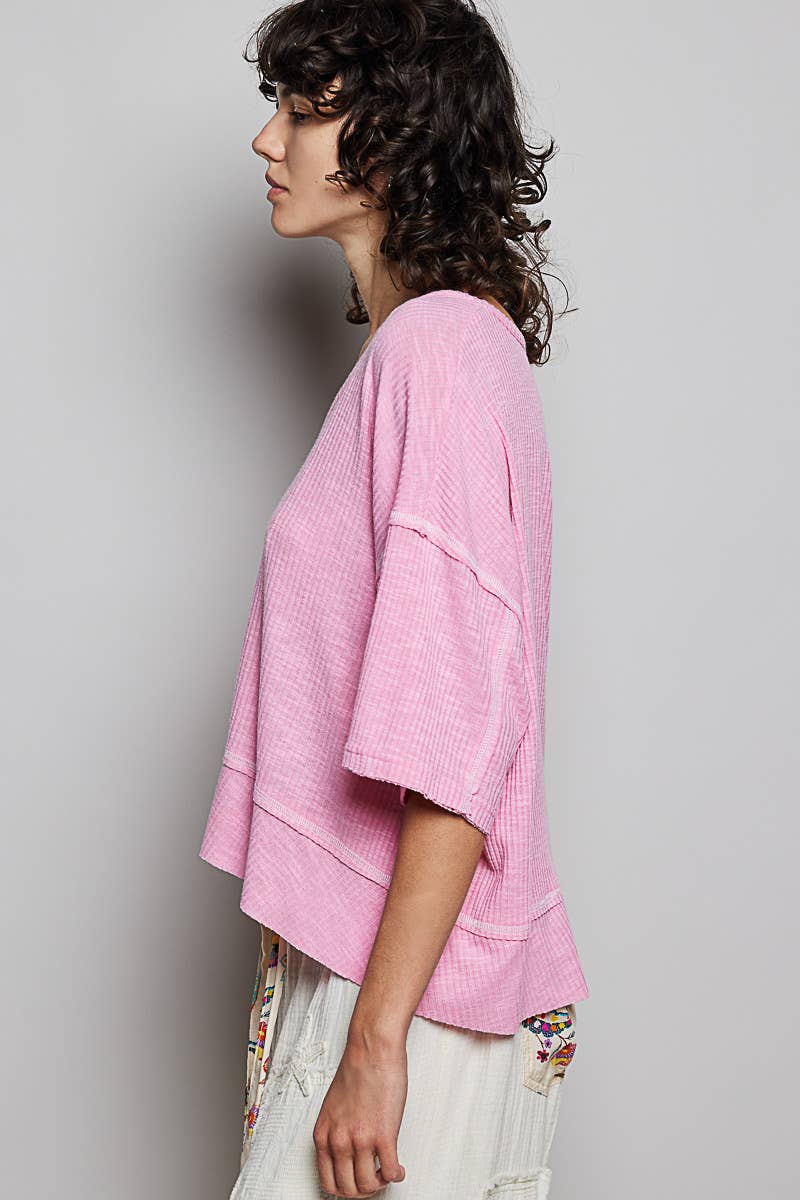 Round Neck Half Sleeve Contrast Stitch Rib Knit Top