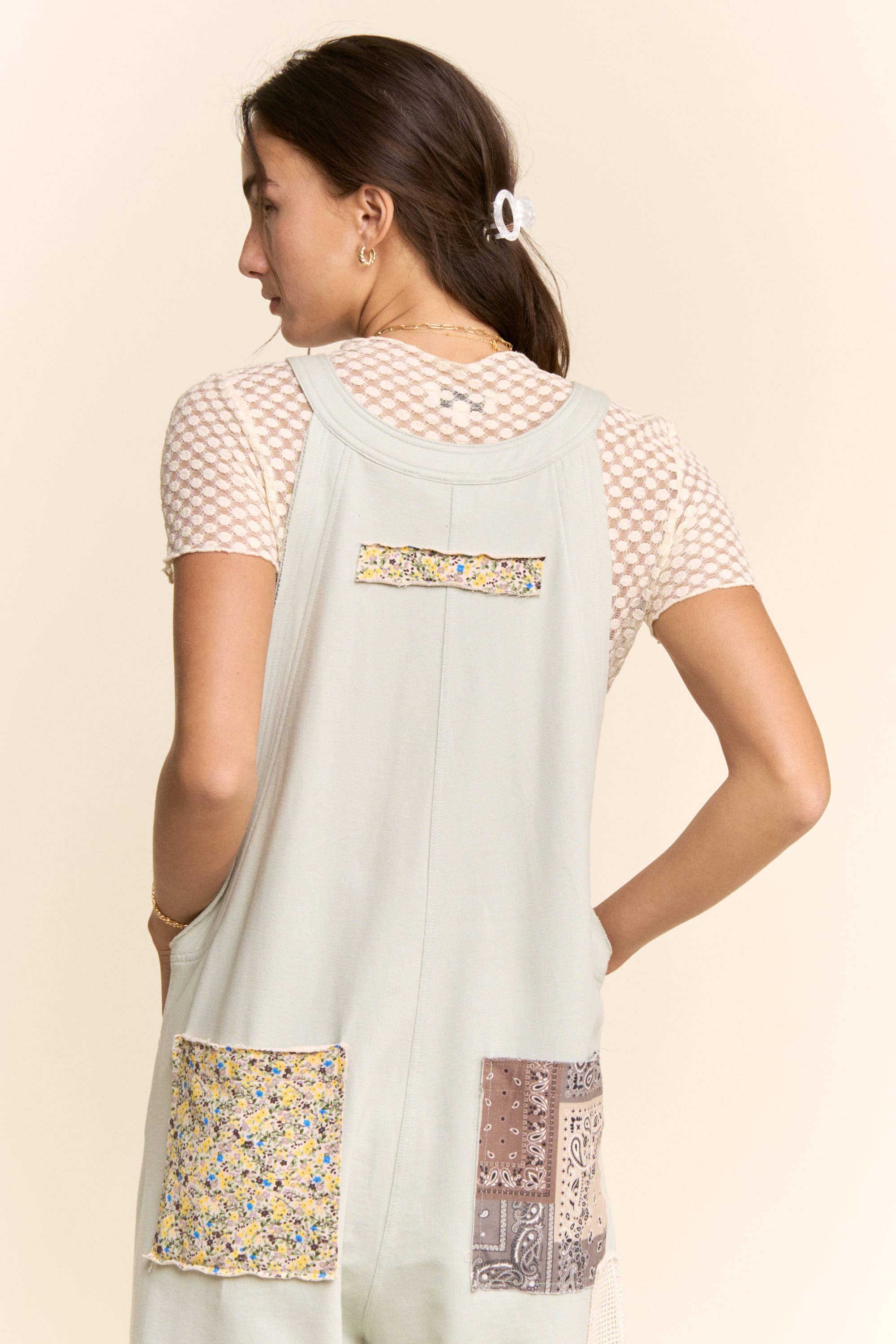 DR50374-COTTON PATCHWORK JUMPSUIT ADJUSTABLE STRAP