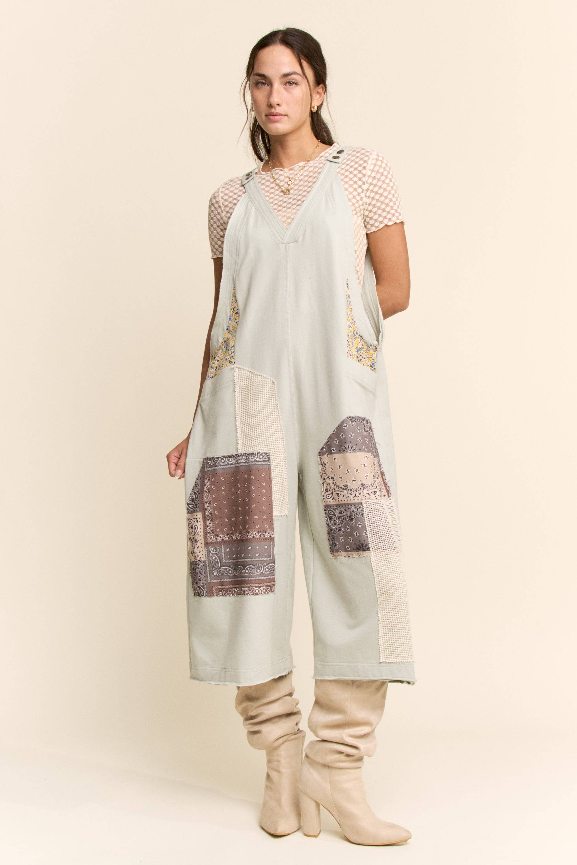 DR50374-COTTON PATCHWORK JUMPSUIT ADJUSTABLE STRAP