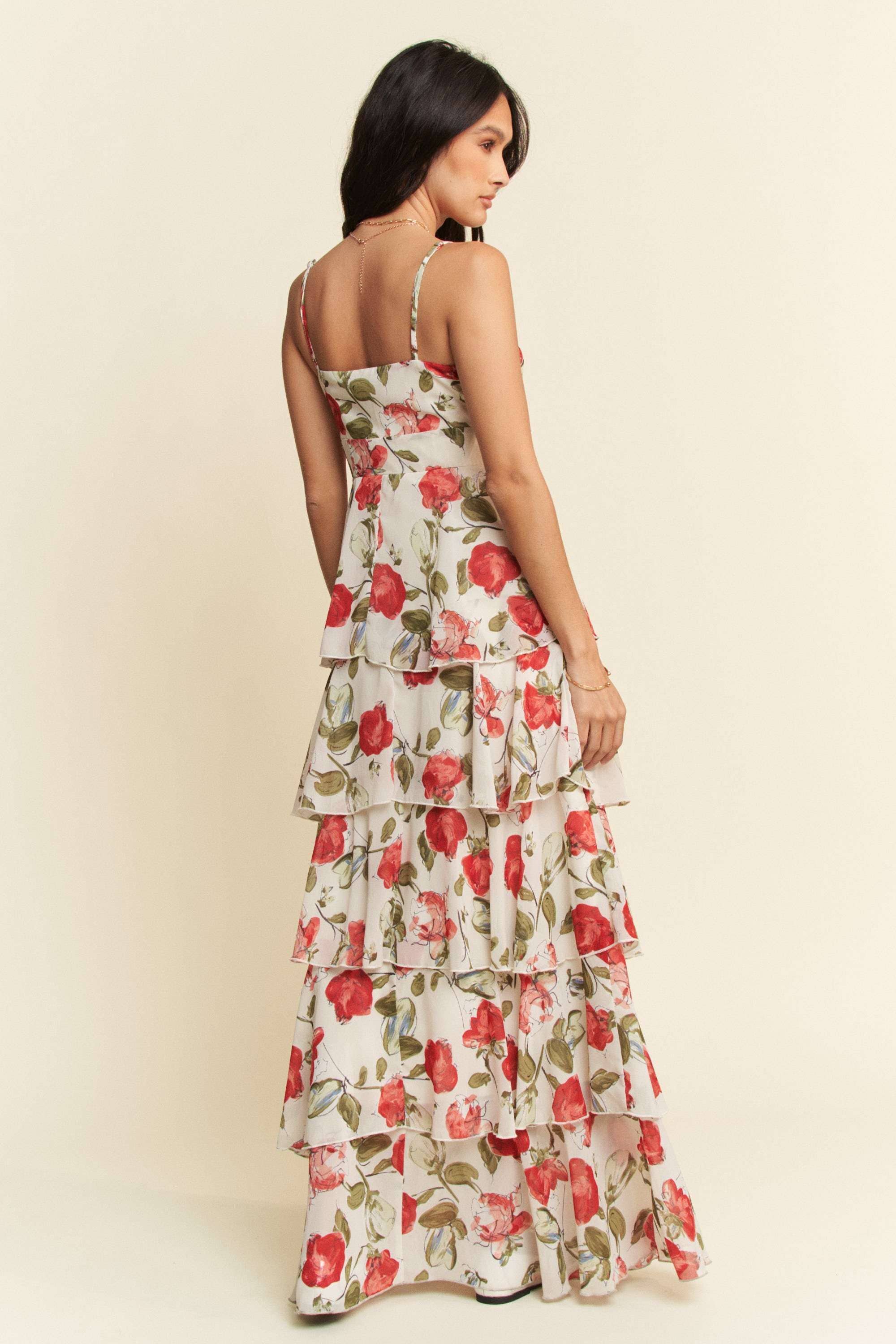 CONTRAST RING LACE CAMI TIERED RUFFLE MAXI DRESS