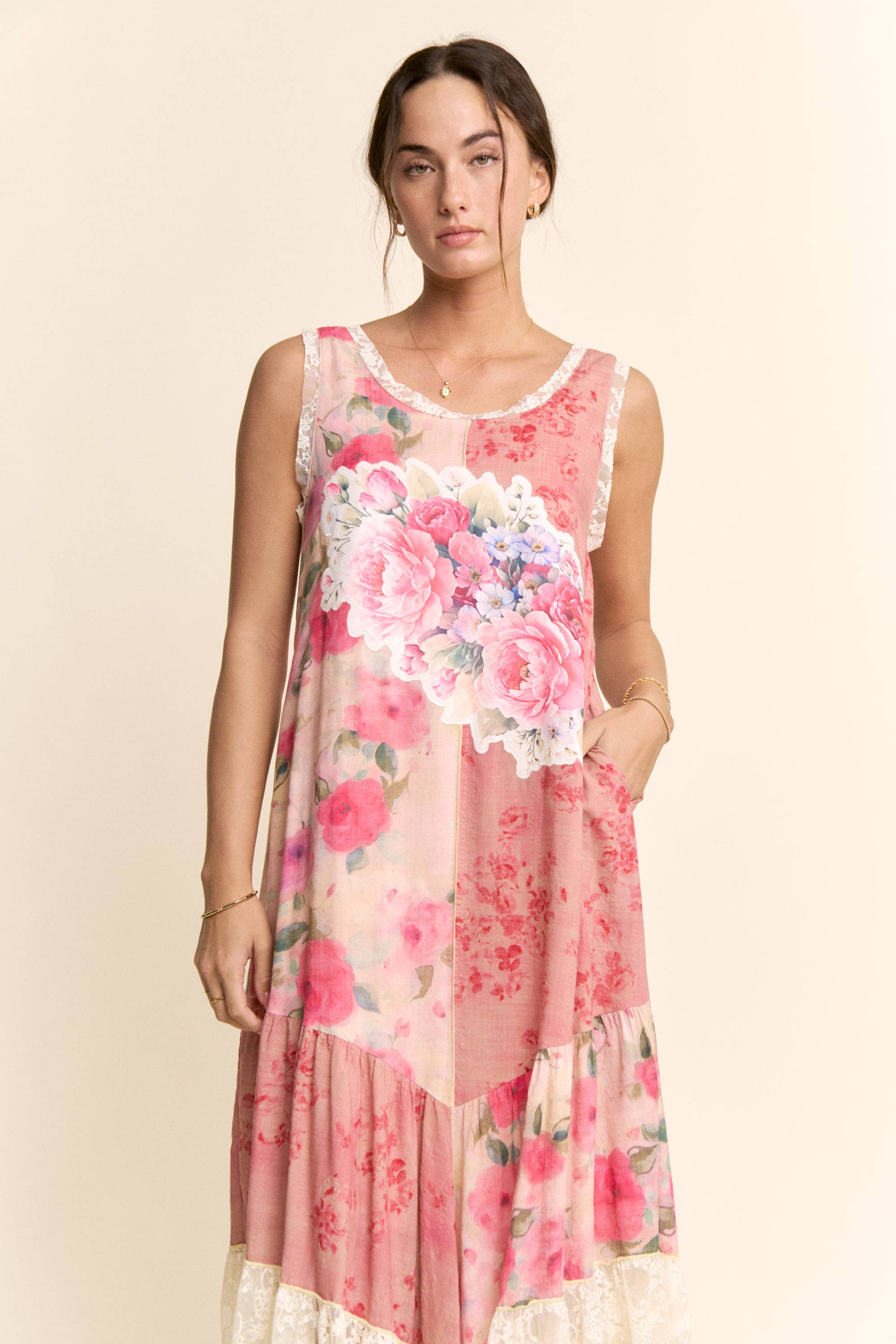 DD60145-PRINT FLOWER PATCHWORK LACE TIERED DRESS