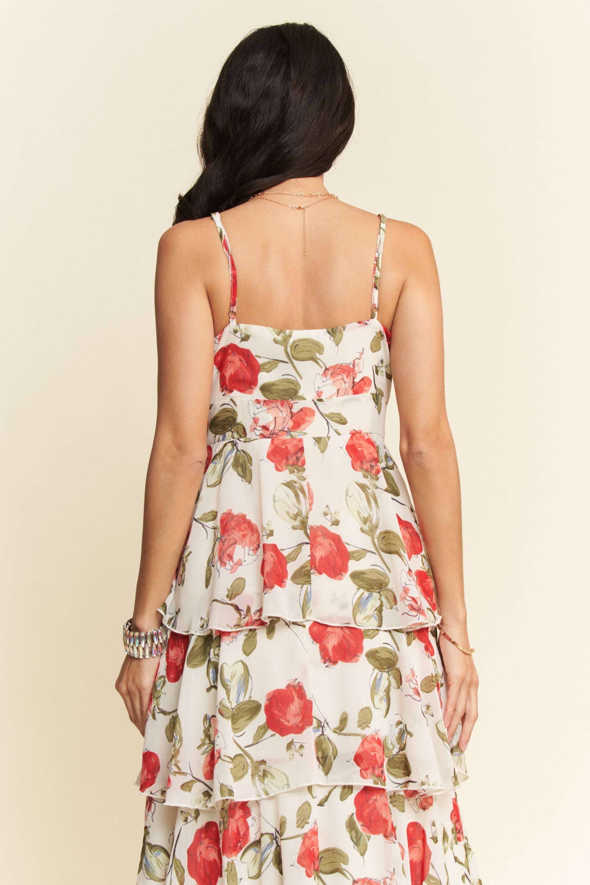 CONTRAST RING LACE CAMI TIERED RUFFLE MAXI DRESS