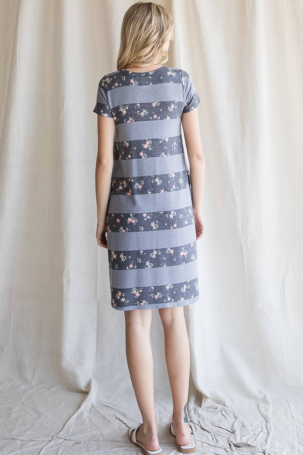 Striped Floral Short Sleeve A Line T Shirt  Dress D4200