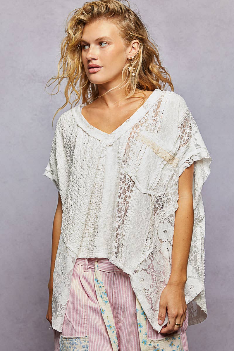 Patchwork Lace Oversized V-Neck Raw Edge Top