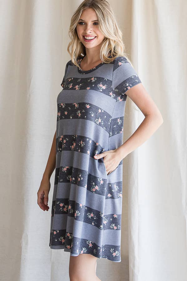 Striped Floral Short Sleeve A Line T Shirt  Dress D4200