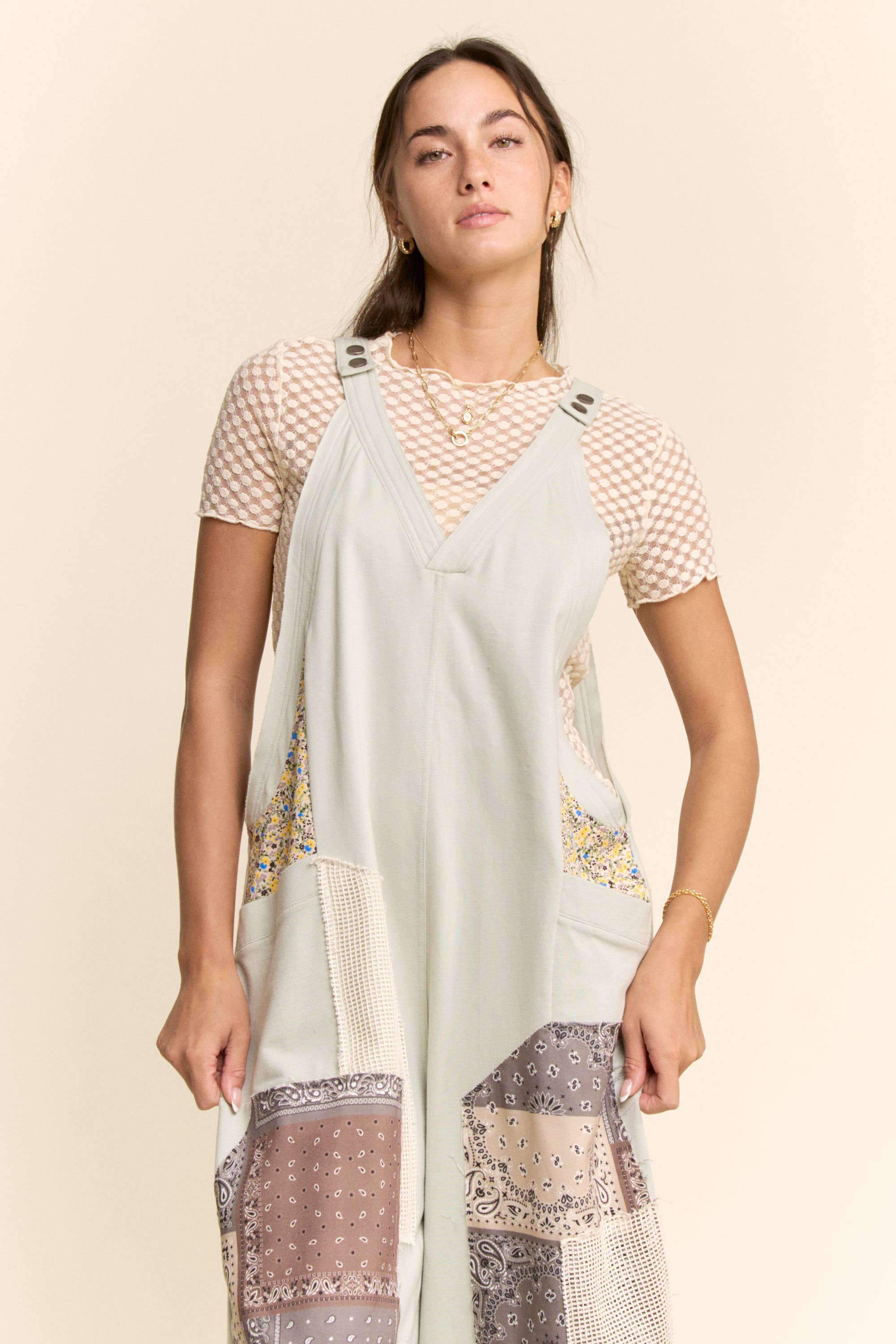 DR50374-COTTON PATCHWORK JUMPSUIT ADJUSTABLE STRAP