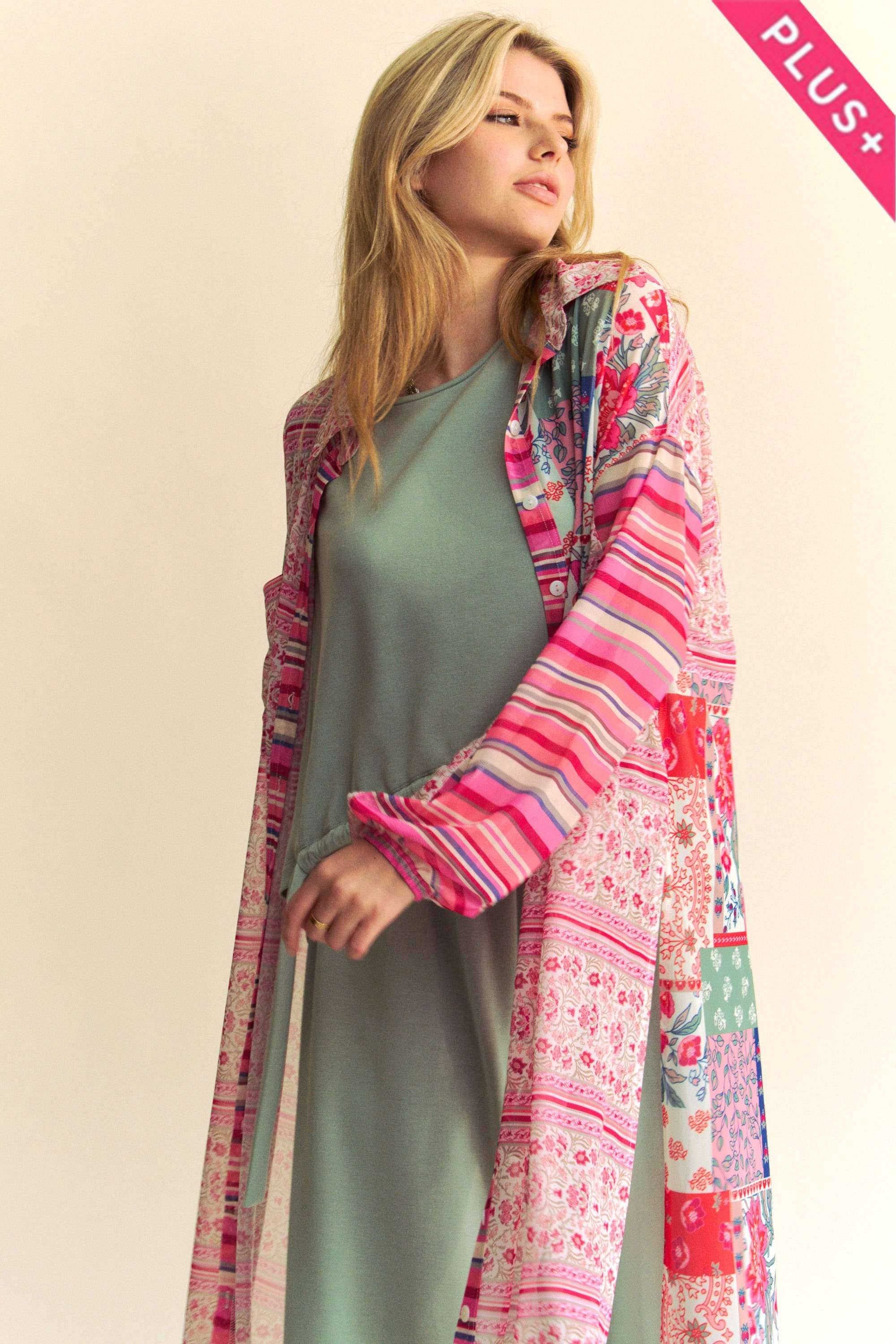 PT30864 - PLUS BUTTON FRONT MAXI SHIRT COVER-UP TOP