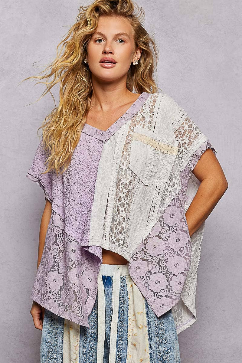 Patchwork Lace Oversized V-Neck Raw Edge Top