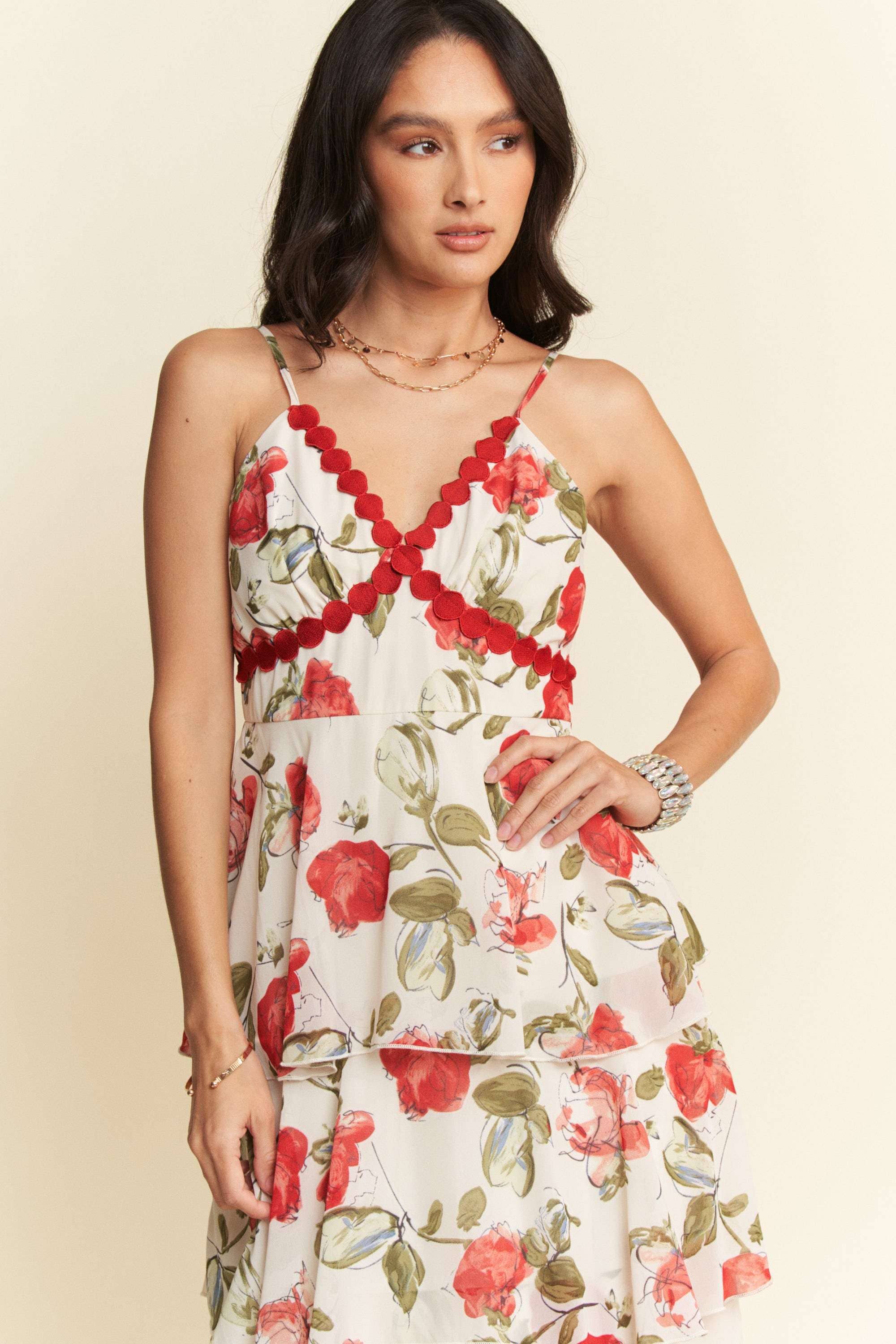 CONTRAST RING LACE CAMI TIERED RUFFLE MAXI DRESS