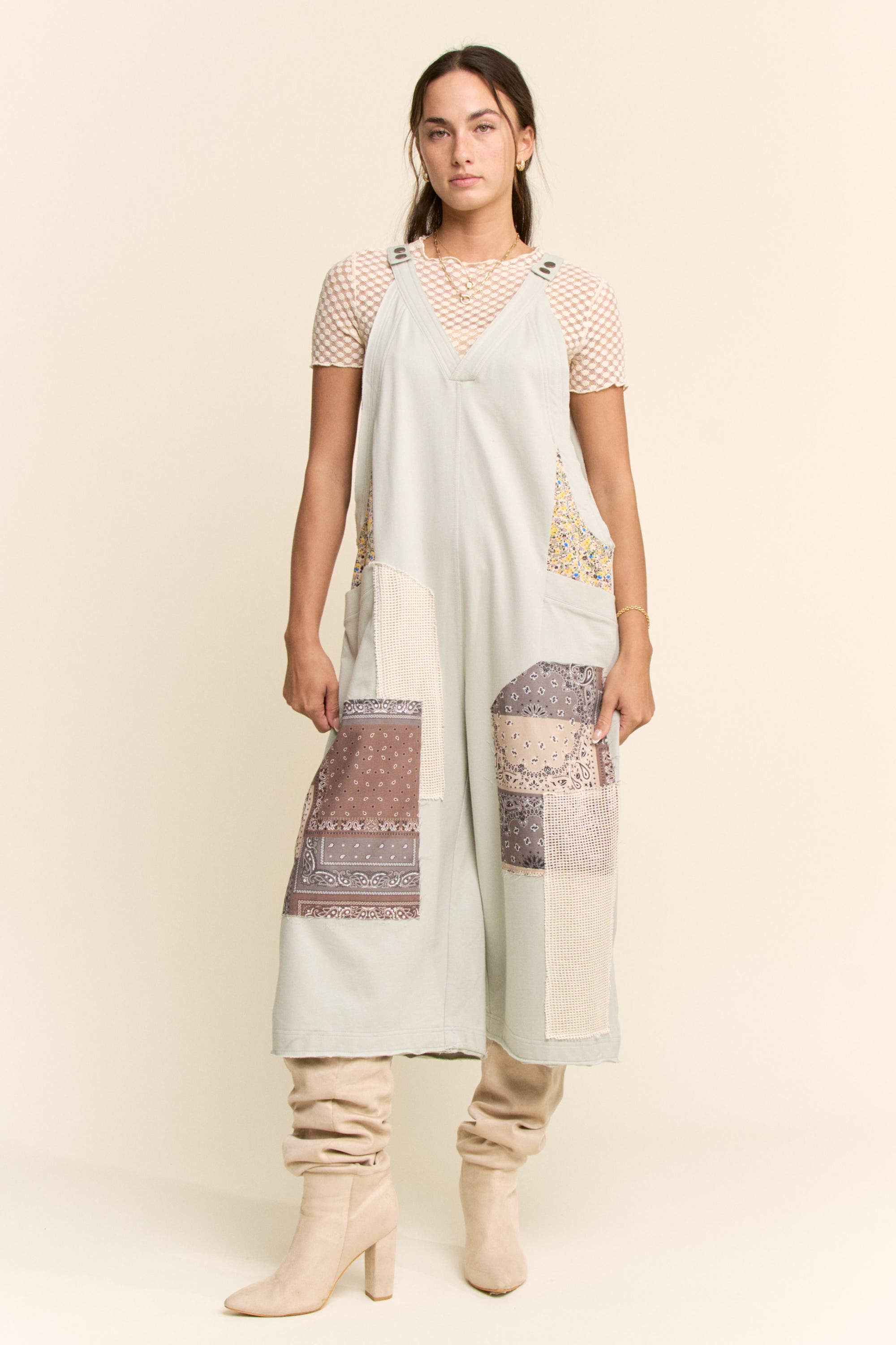 DR50374-COTTON PATCHWORK JUMPSUIT ADJUSTABLE STRAP