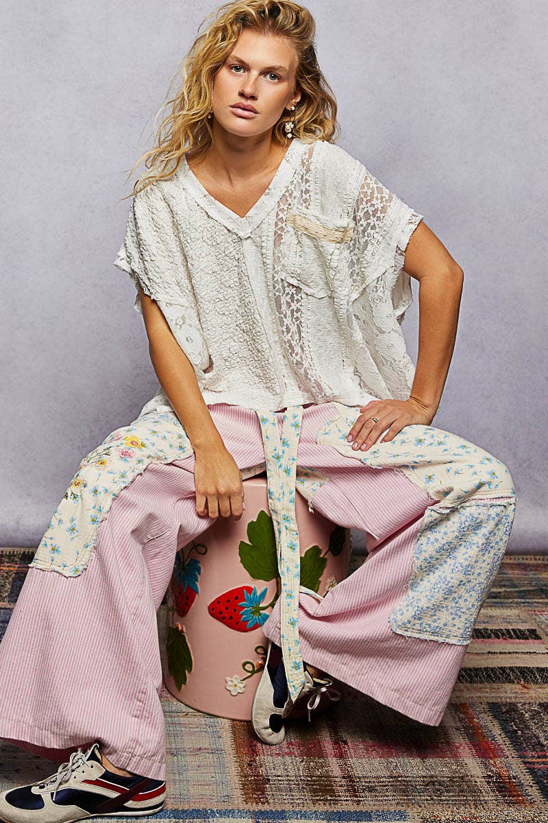 Patchwork Lace Oversized V-Neck Raw Edge Top