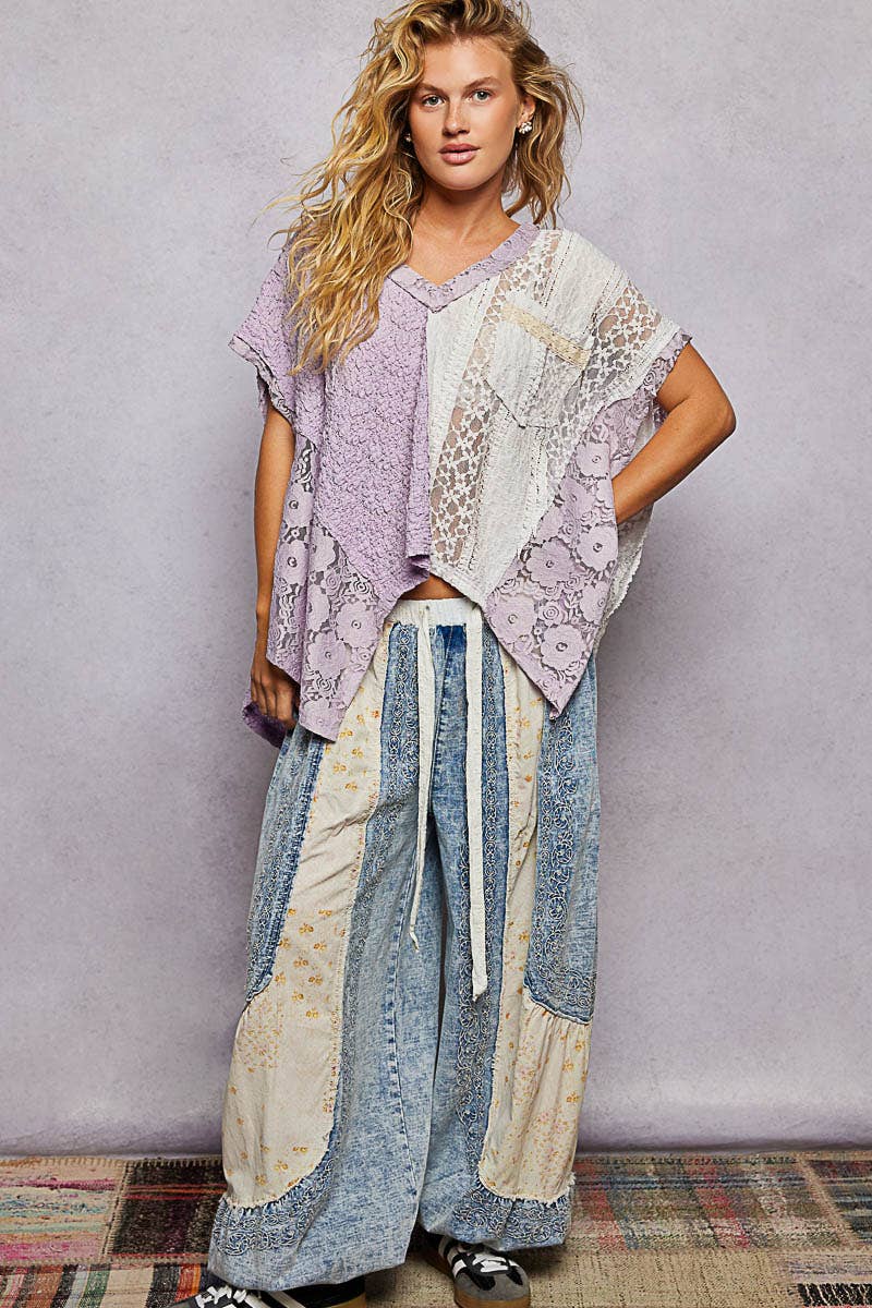 Patchwork Lace Oversized V-Neck Raw Edge Top