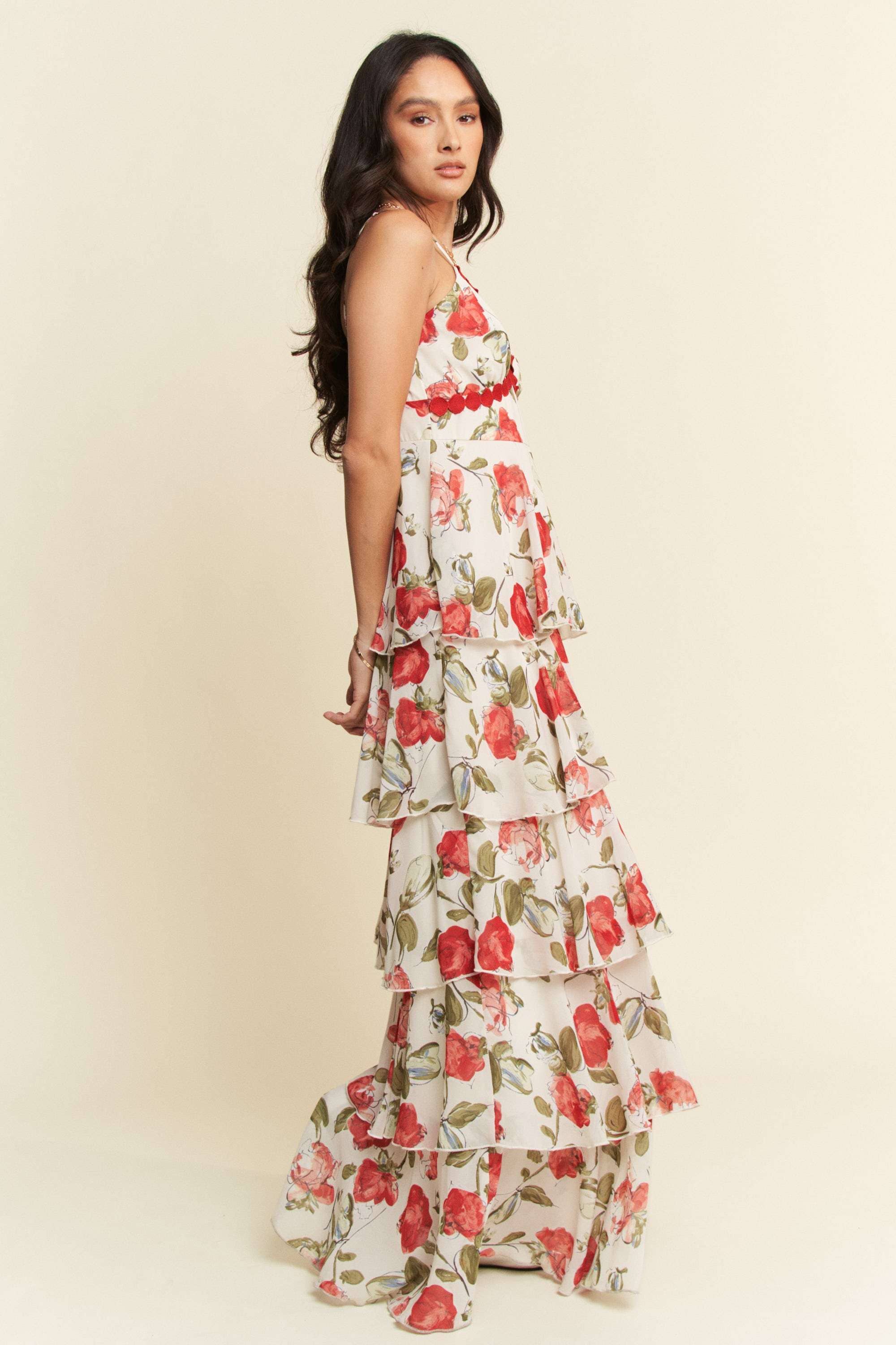 CONTRAST RING LACE CAMI TIERED RUFFLE MAXI DRESS
