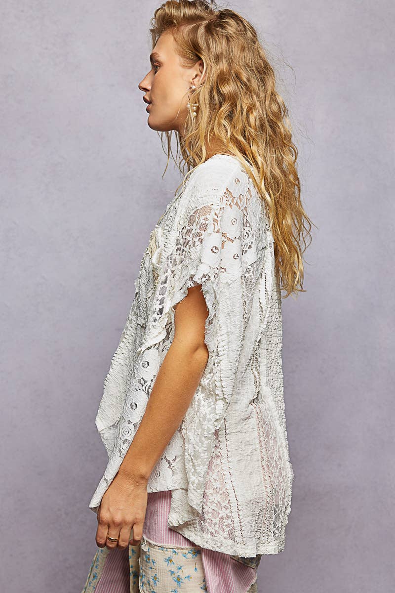 Patchwork Lace Oversized V-Neck Raw Edge Top