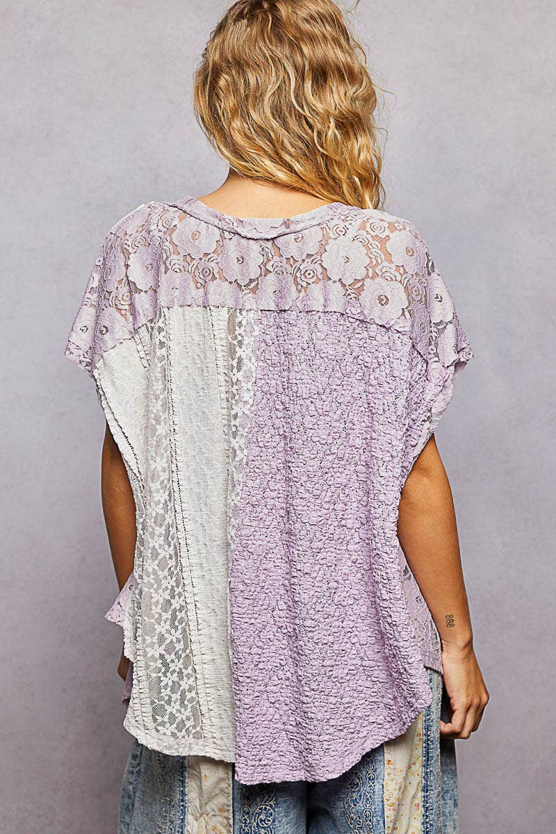 Patchwork Lace Oversized V-Neck Raw Edge Top