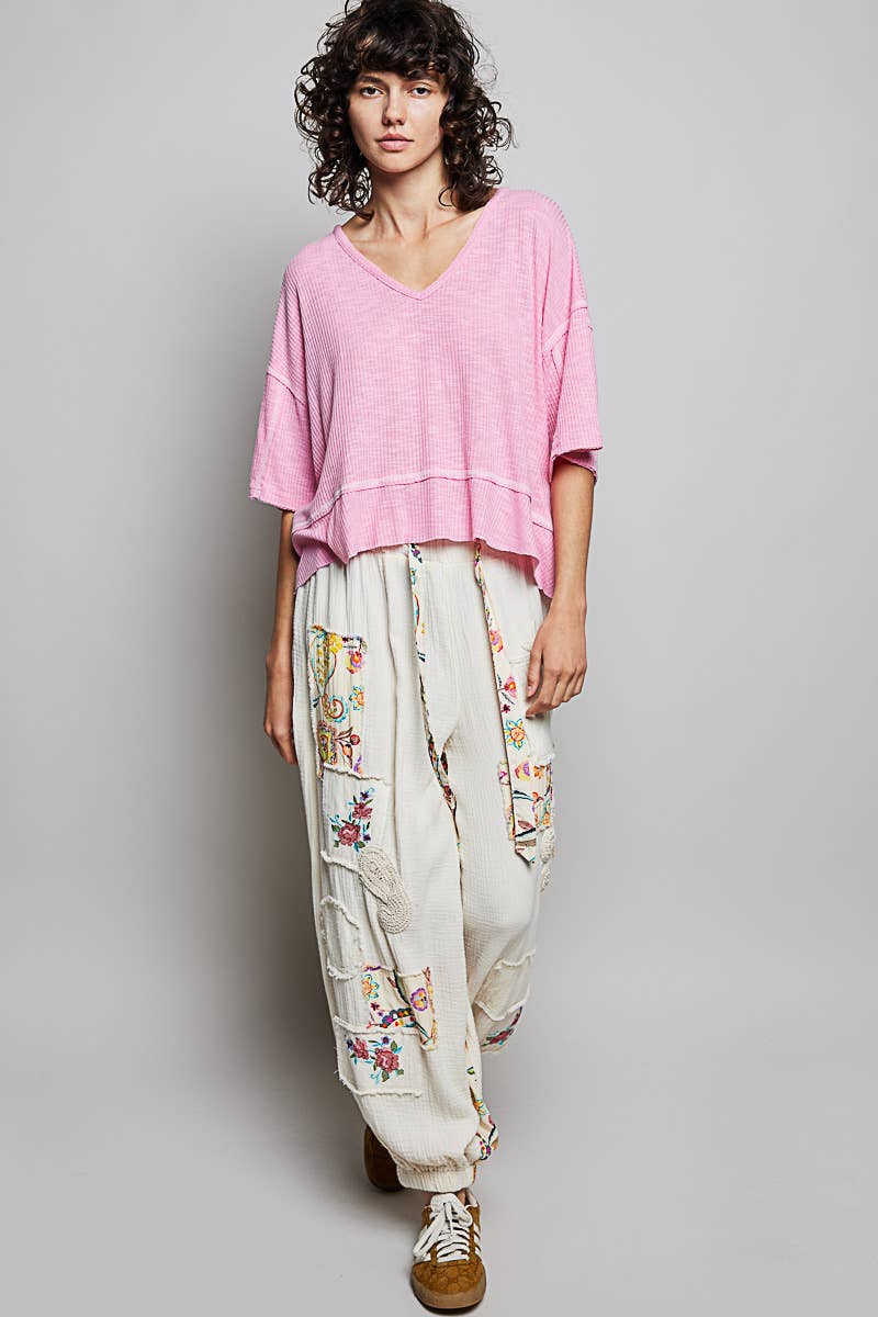 Round Neck Half Sleeve Contrast Stitch Rib Knit Top
