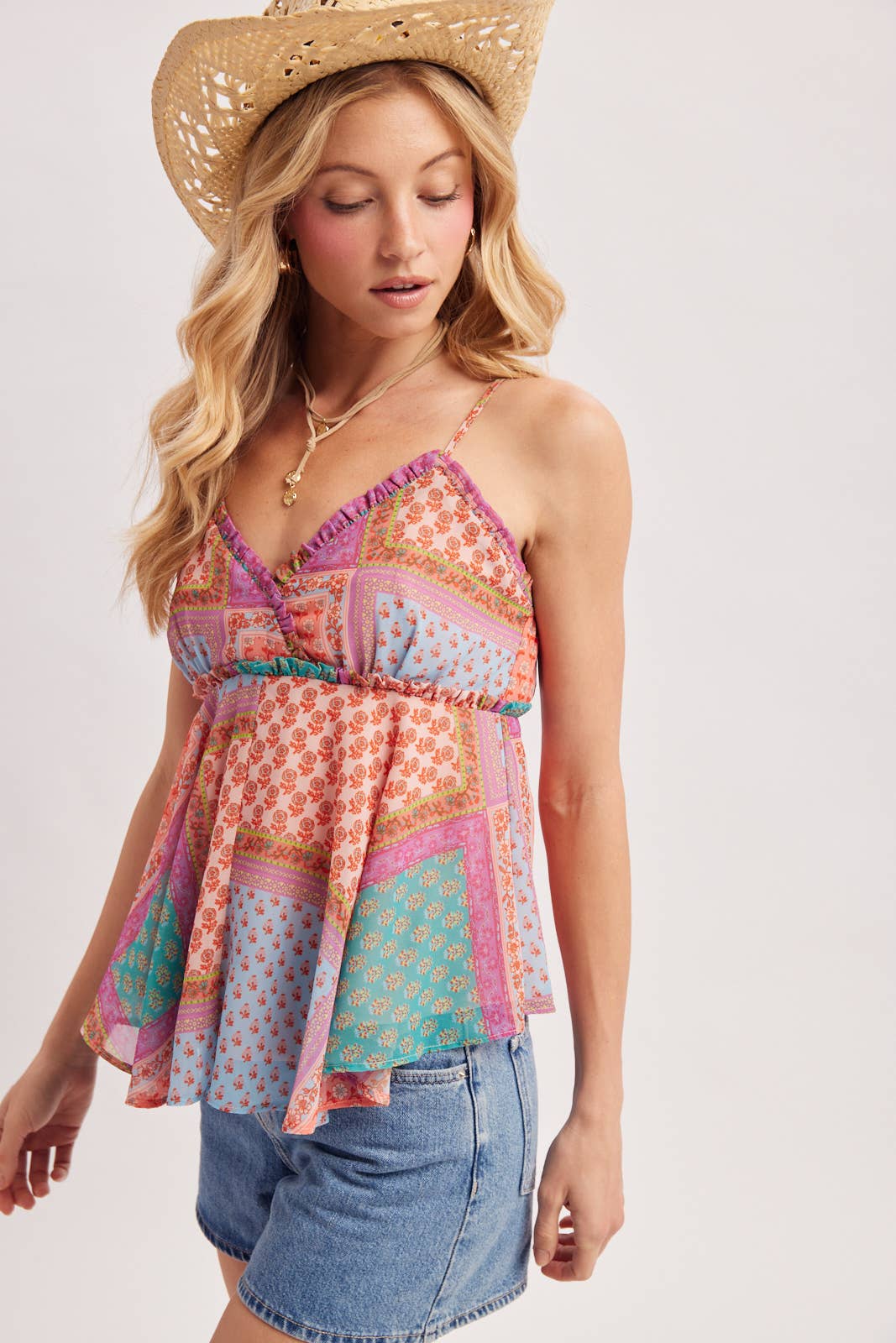 BOHO PATCHWORK PRINTE V-NECK TANK TOP