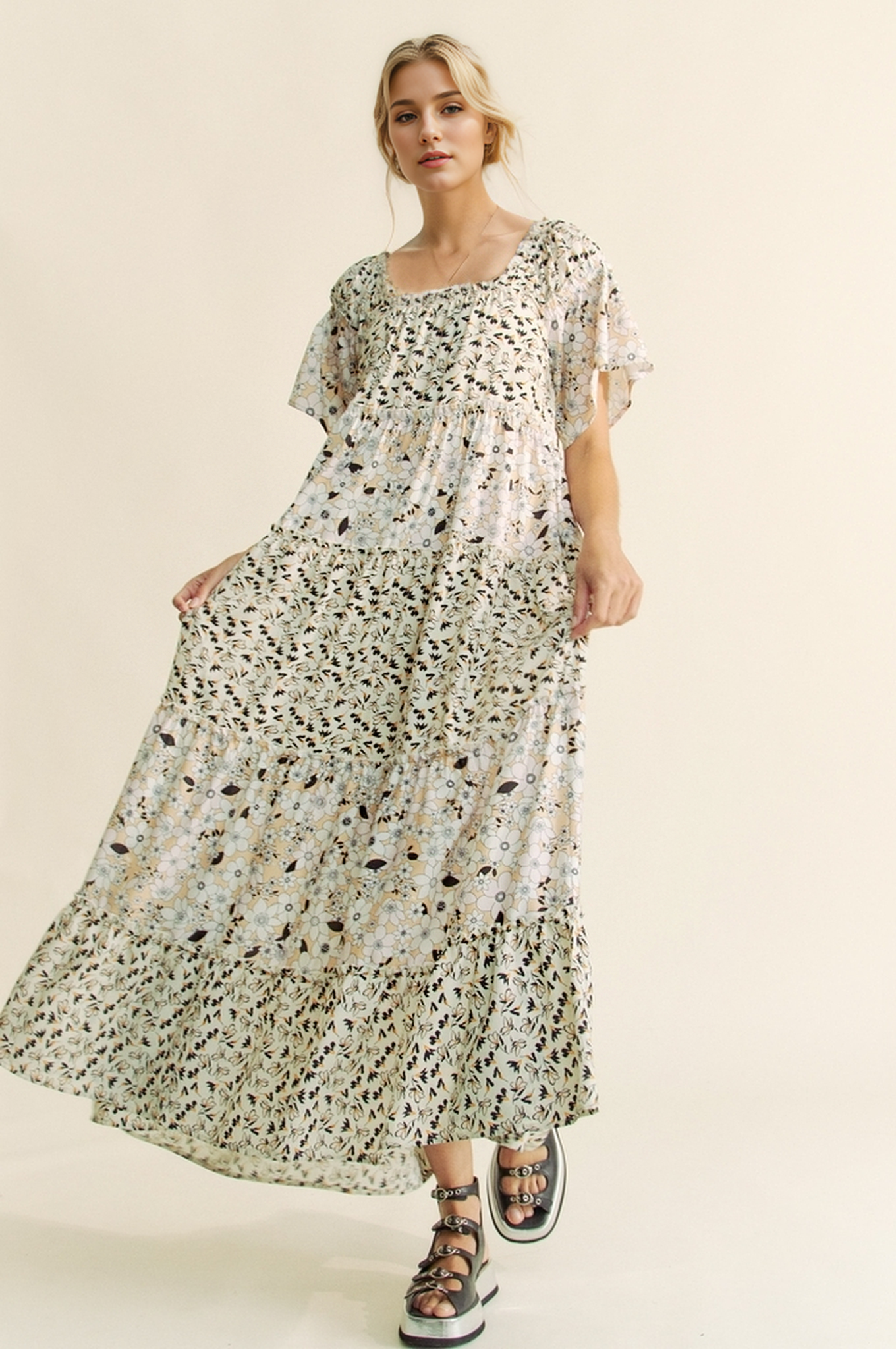 DD20523 - FLORAL MIXED RUFFLE DETAIL RUFFLE SLEEVE MIDIDRESS