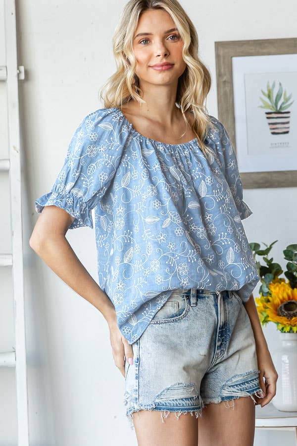 Floral Off Shoulder Puff Ruffle Sleeve Blouse T5895