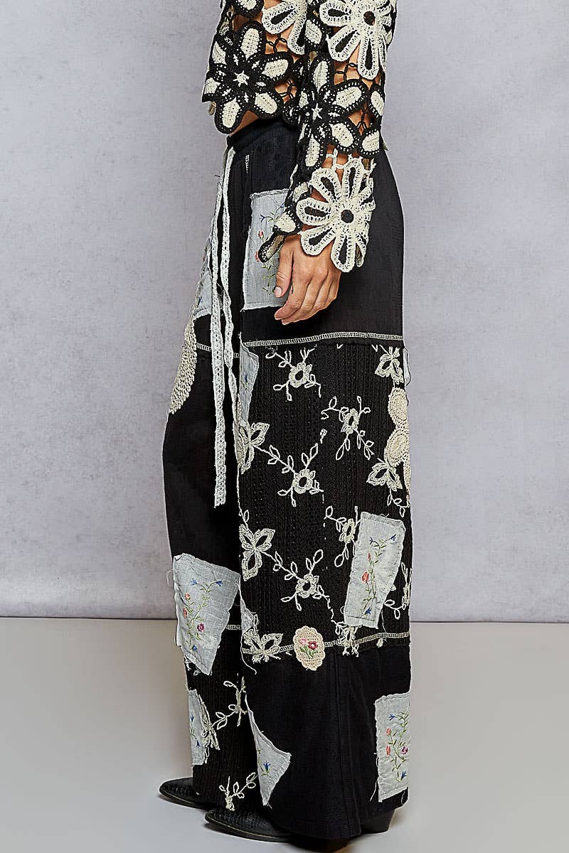 Solid Lace Patch Detail Woven Pants