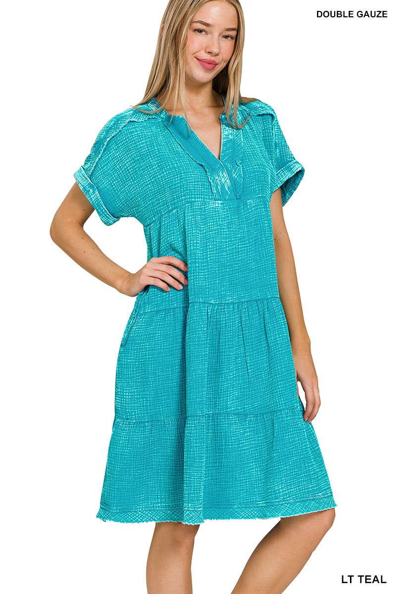 `.Washed Double Gauze Raw Edge Dress w/ Pockets