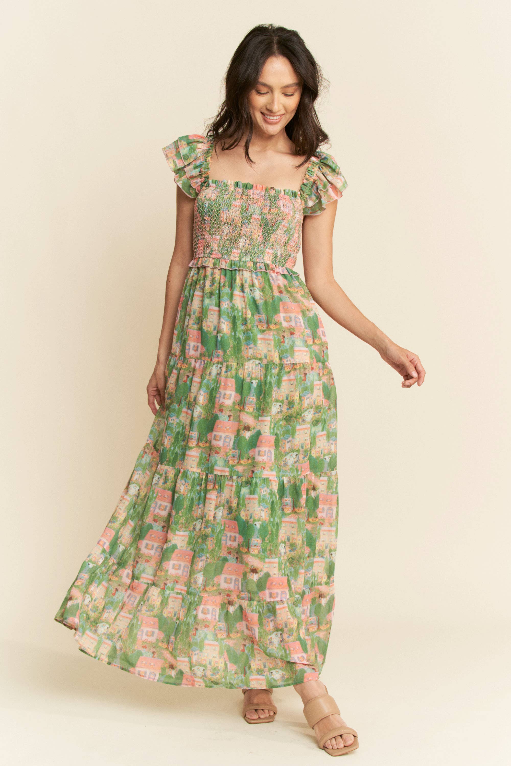 VILLAGE SMOCKING BODICE RUFFLE SLEEVE MAXI DRESS