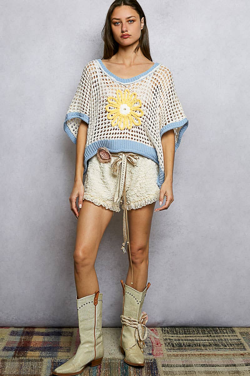 Round Neck Sleeveless Floral Thin Sweater Top