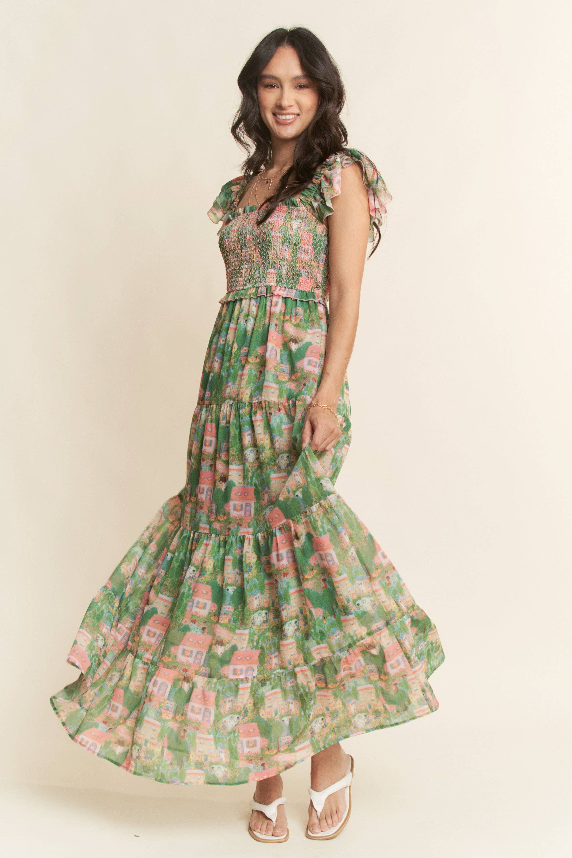 VILLAGE SMOCKING BODICE RUFFLE SLEEVE MAXI DRESS