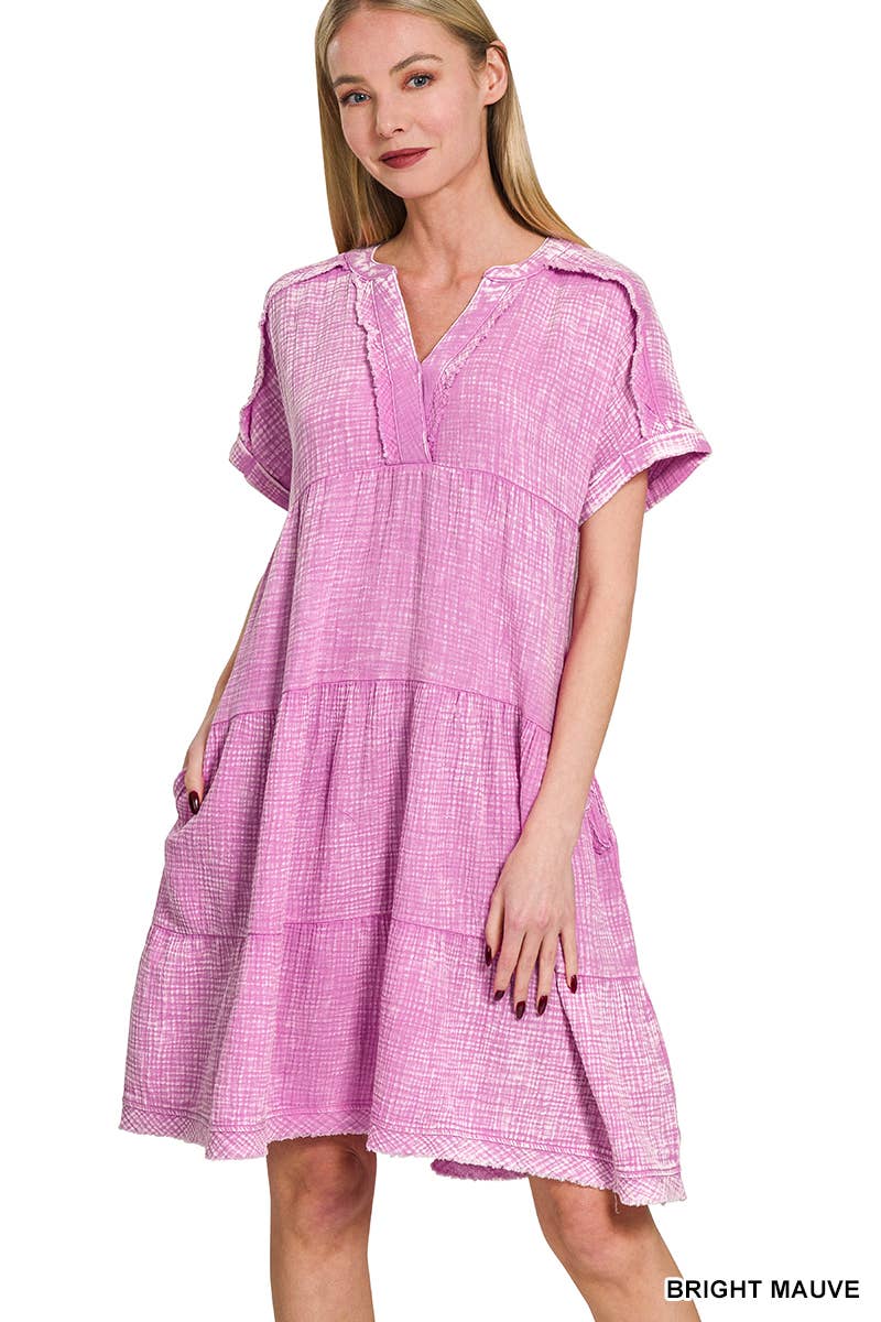 `.Washed Double Gauze Raw Edge Dress w/ Pockets