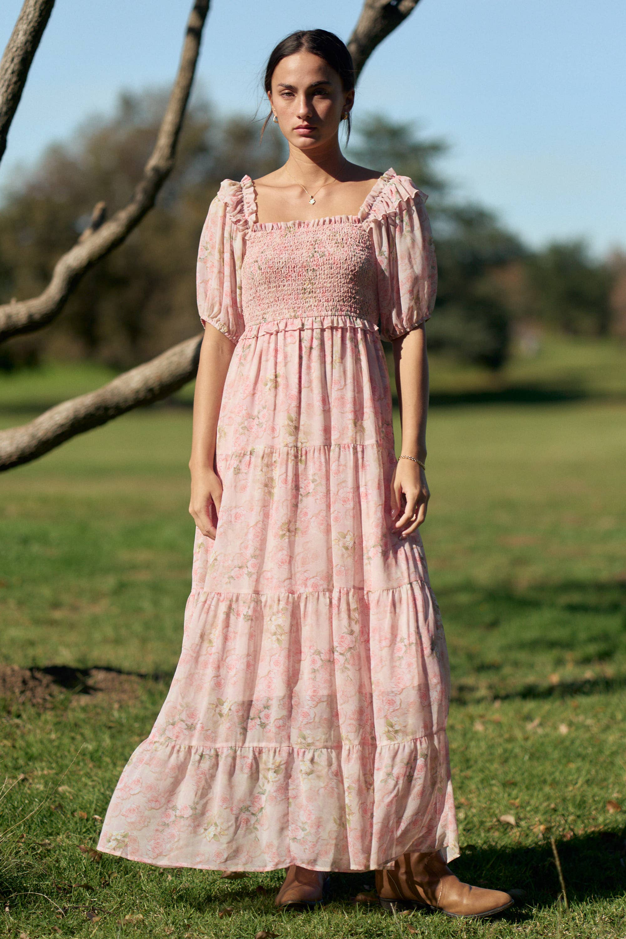 SMOCKED SQUARE NECK TIERED FLORAL MAXI DRESS